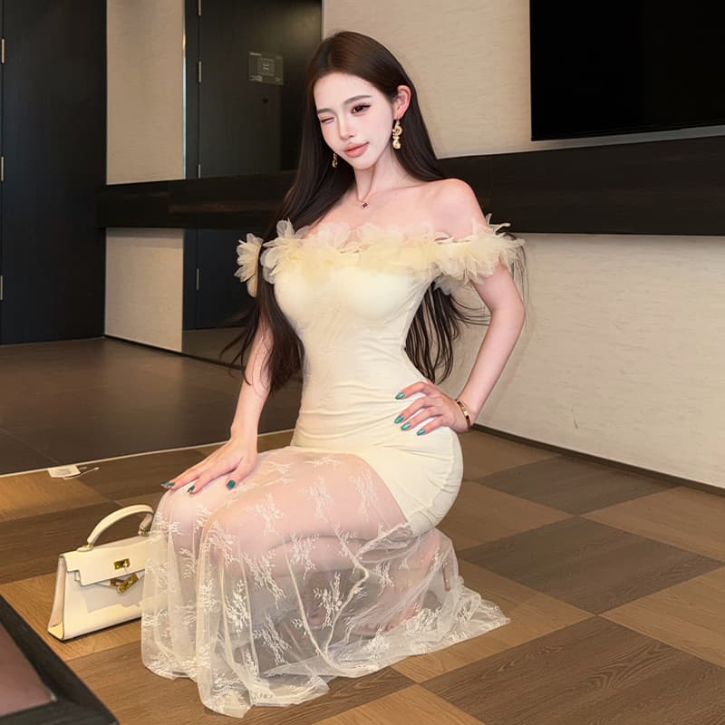 프랑스식 망사 오프숄더 여성 드레스 여름 품격 허리 수축 예복 타이트 스커트 인어 꼬리 길다 치마 이미지 4
