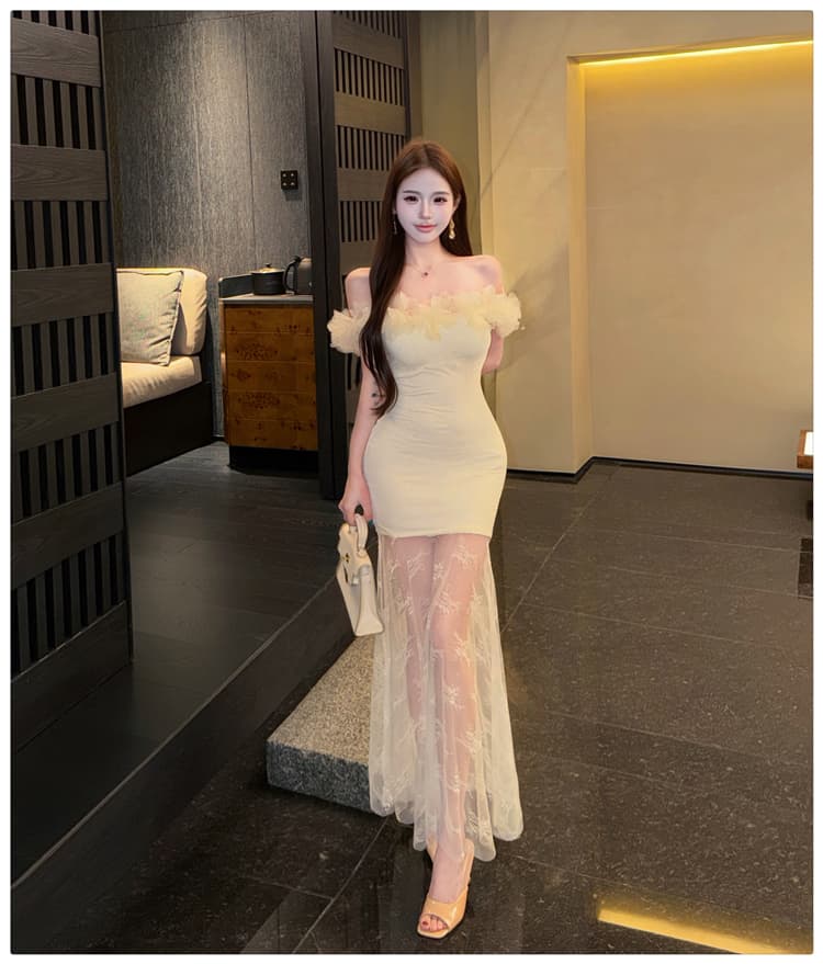 프랑스식 망사 오프숄더 여성 드레스 여름 품격 허리 수축 예복 타이트 스커트 인어 꼬리 길다 치마 상세 이미지 7