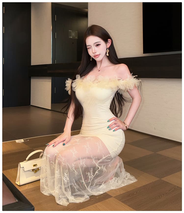 프랑스식 망사 오프숄더 여성 드레스 여름 품격 허리 수축 예복 타이트 스커트 인어 꼬리 길다 치마 상세 이미지 15