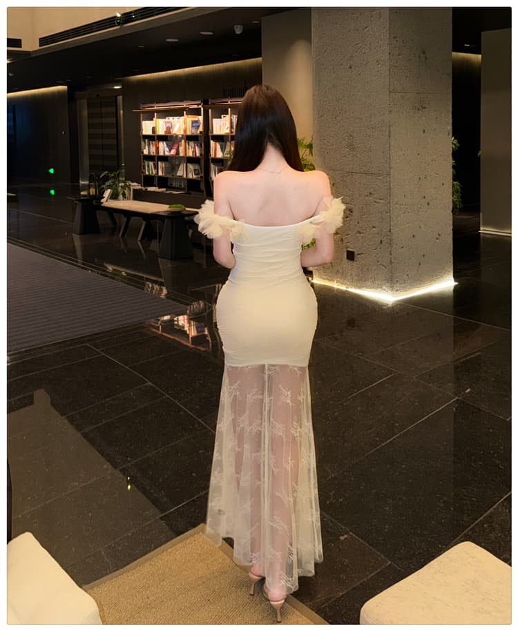 프랑스식 망사 오프숄더 여성 드레스 여름 품격 허리 수축 예복 타이트 스커트 인어 꼬리 길다 치마 상세 이미지 19