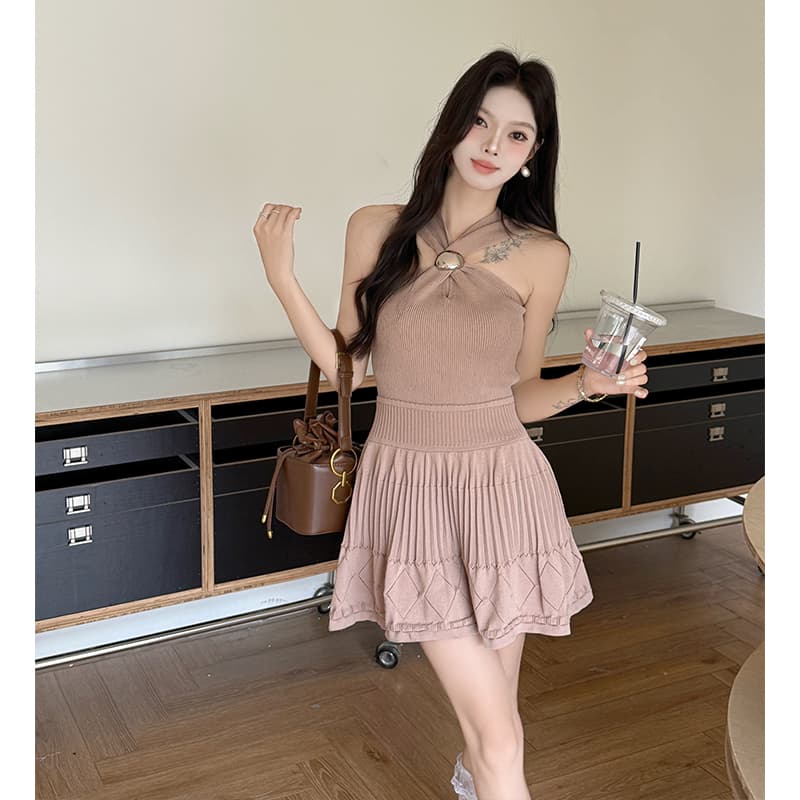 프랑스식 품격 여름 행침 목 슬립 드레스 하이웨이스트 한 마디 퍼프 스커트 몸매 가꾸기 니트 미니 스커트 이미지 3