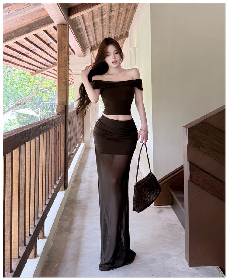 오프숄더 순수한 욕망 몸매 가꾸기 반팔 티셔츠 맨위 여성 여름 망사 패치워크 타이트 스커트 반신 치마 세트 상세 이미지 18