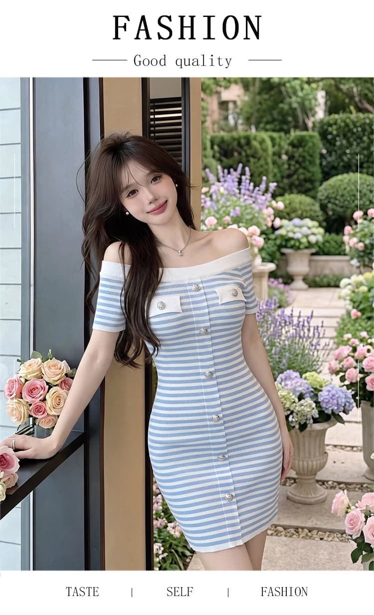 한국 스타일 품격 몸매 가꾸기 오프숄더 디스플레이 몸 보트넥 여름 스트라이프 니트 반팔 여성 드레스 상세 이미지 1