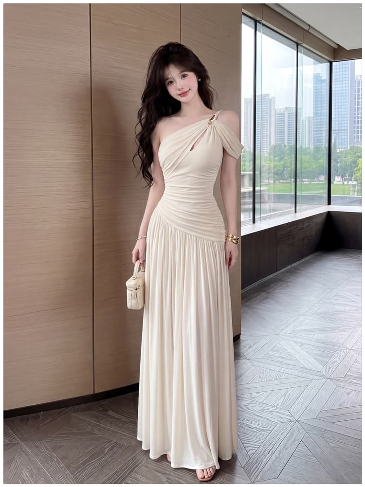 프랑스식 분위기 센스 비스듬한 어깨 비틀림 디자인 센스 롱 스커트 섹시함 순수한 욕망 드레스 슬립 오프숄더 여름 상세 이미지 11