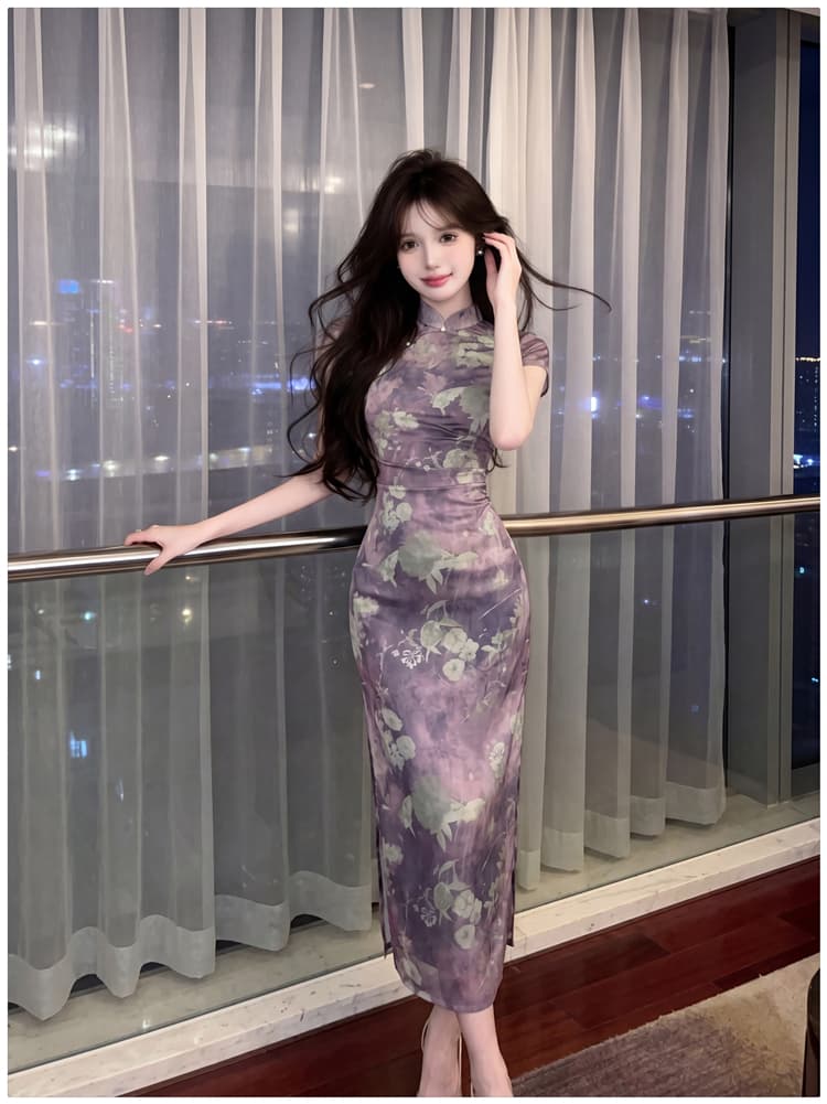 진주 옥 레트로 맞춤 프린트 새로운 중식 치파오 몸매 가꾸기 슬림해 보이는 여성 드레스 품격 부드러운 치마 상세 이미지 7