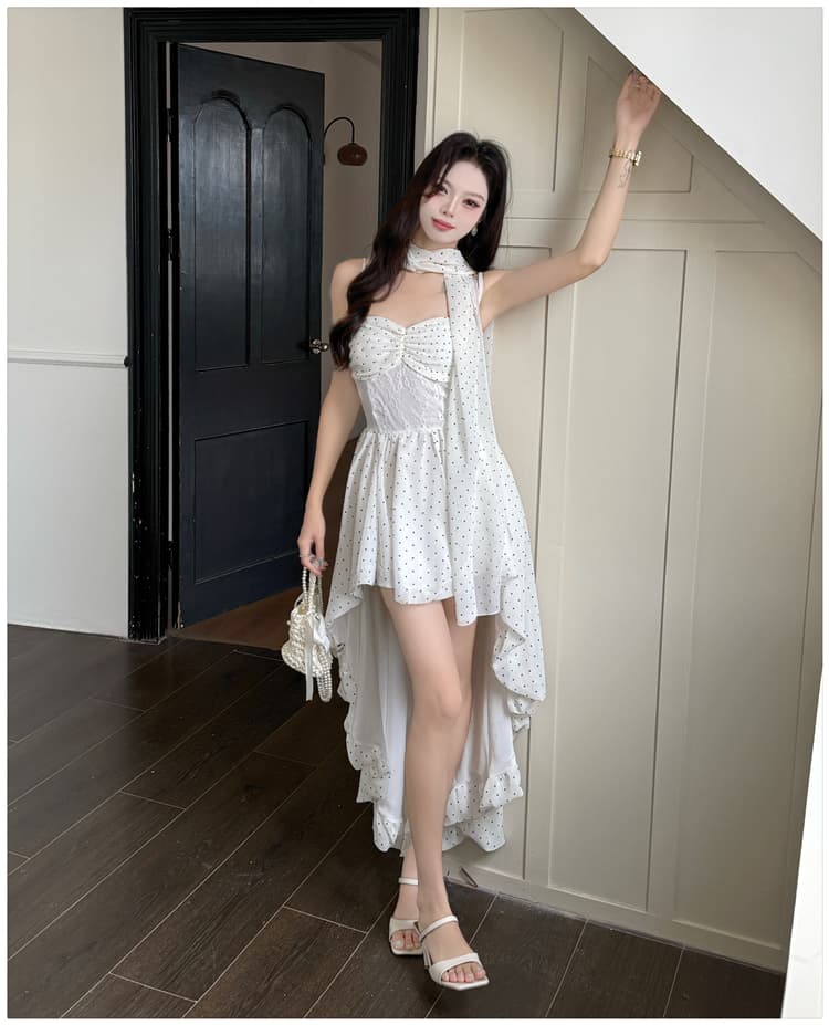 프랑스식 품격 꼬집기 허리 백리스 휴가 바람 튜브탑 슬립 도트 무늬 인어 꼬리 스커트 나비 매듭 빅 플레어 스커트 상세 이미지 12
