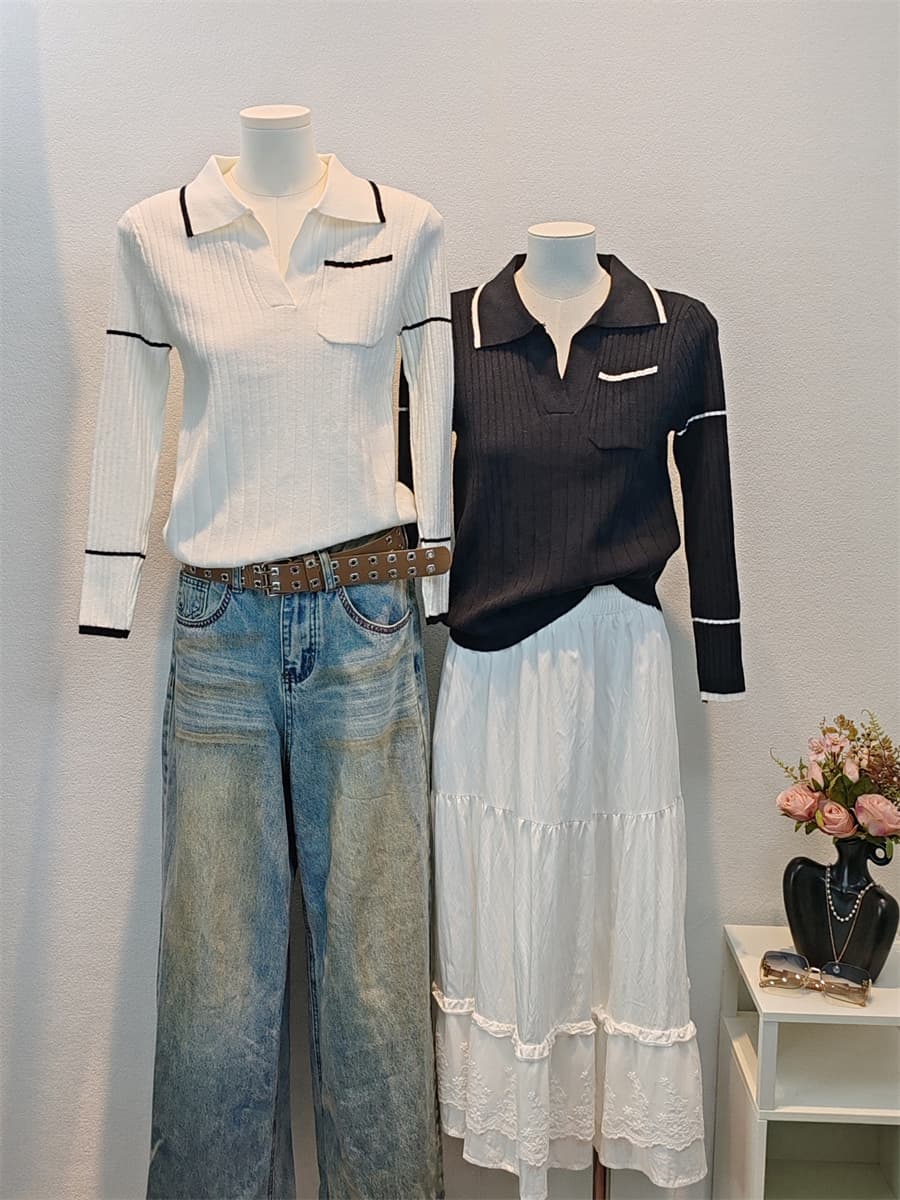 화이트 POLO 칼라 니트 기본 셔츠 여성 긴 소매 레트로 배색 작은 샤넬 스타일 인사이드 가져 가라. 몸매 가꾸기 스웨터 이미지 2