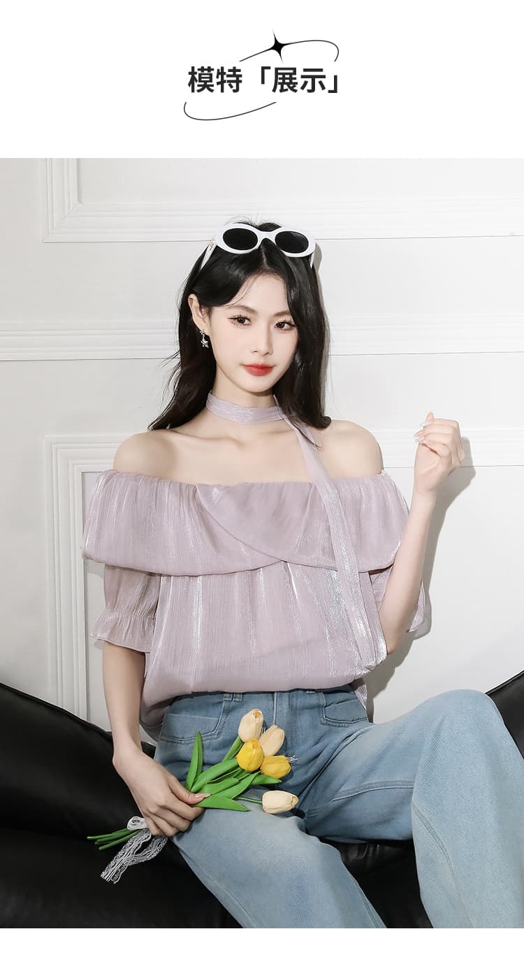 여름 2026 보라색 오프숄더 리본 슈퍼 요정 달콤함 새틴 반팔 여성 셔츠 프랑스식 오프숄더 쉬폰 톱 상세 이미지 12