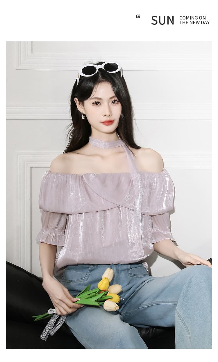 여름 2026 보라색 오프숄더 리본 슈퍼 요정 달콤함 새틴 반팔 여성 셔츠 프랑스식 오프숄더 쉬폰 톱 상세 이미지 13