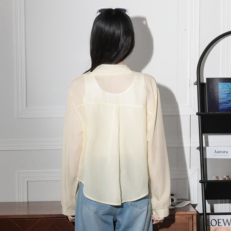 작은 대중 Chic 긴팔 POLO 칼라 황색 색상 셔츠 여성 의류 여름 미니멀리즘 chic 셔츠 루즈핏 캐주얼 맨위 이미지 6