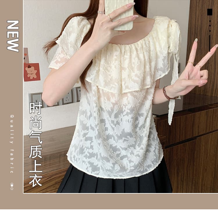황색 한 단어 오프숄더 행침 목 면 린넨 맨위 여성 여름 프랑스식 사소한 인형 셔츠 도파민 반팔 셔츠 상세 이미지 1