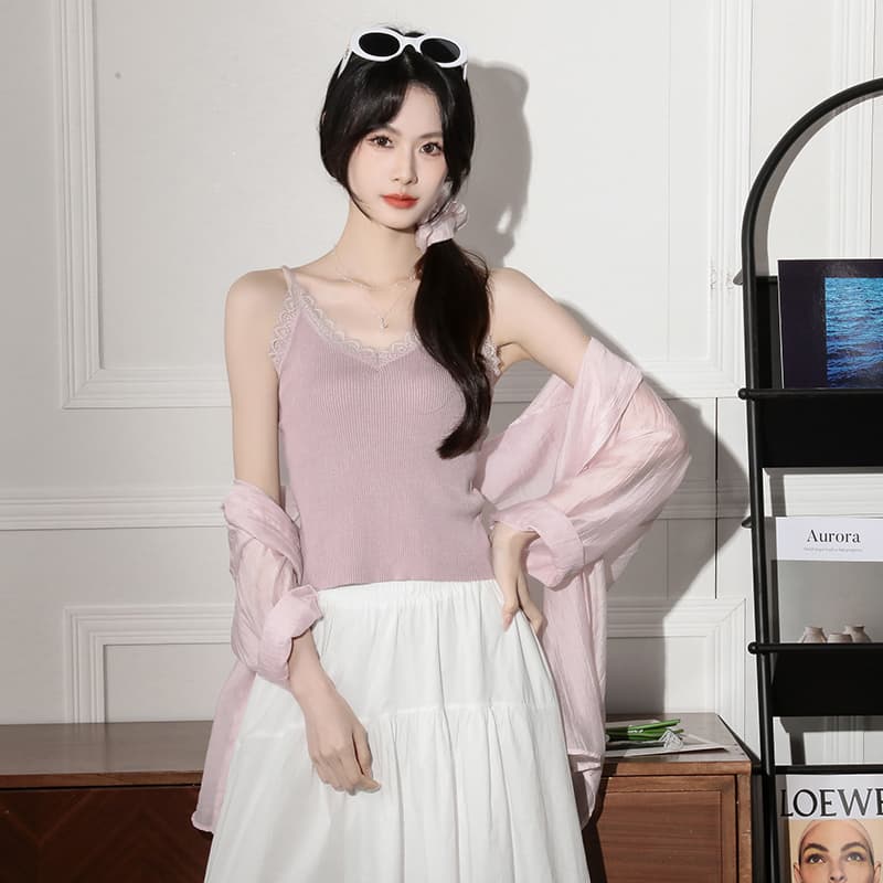 봄 여름 새로운 핑크색 셔츠 여성 루즈핏 쉬폰 자외선 차단 의류 경량 외부 가져 가라. 오픈 가디건 셔츠 재킷 투피스 세트 이미지 3