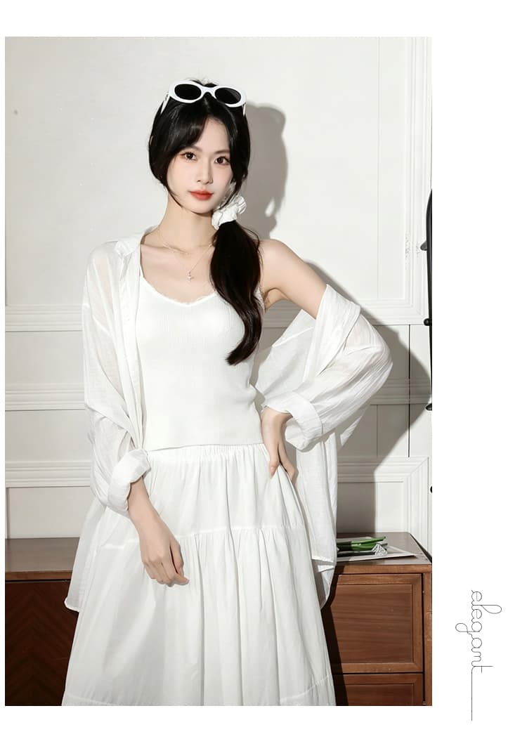 봄 여름 새로운 핑크색 셔츠 여성 루즈핏 쉬폰 자외선 차단 의류 경량 외부 가져 가라. 오픈 가디건 셔츠 재킷 투피스 세트 상세 이미지 28