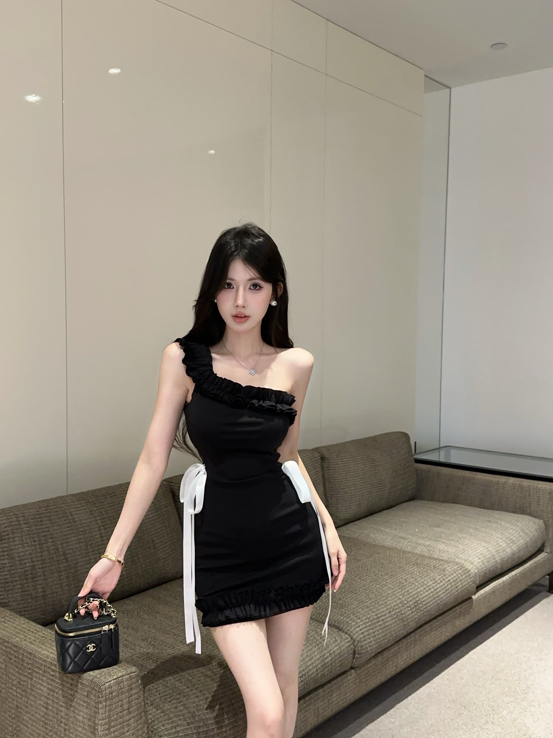실사 정가 순수한 욕망 바람 나비 매듭 비스듬한 어깨 여성 드레스 프릴 디자인 몸매 가꾸기 타이트 스커트 상세 이미지 4