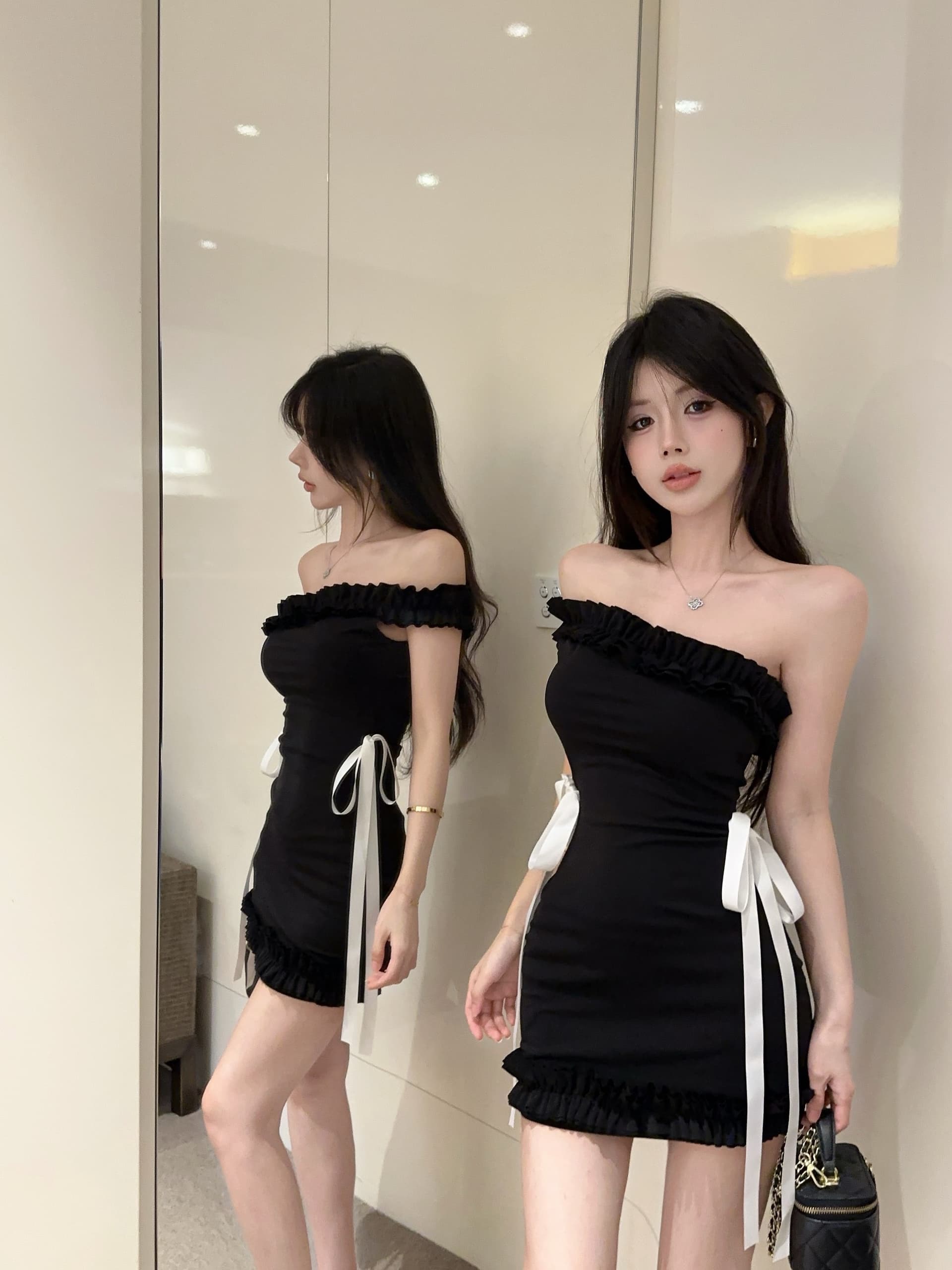 실사 정가 순수한 욕망 바람 나비 매듭 비스듬한 어깨 여성 드레스 프릴 디자인 몸매 가꾸기 타이트 스커트 상세 이미지 5