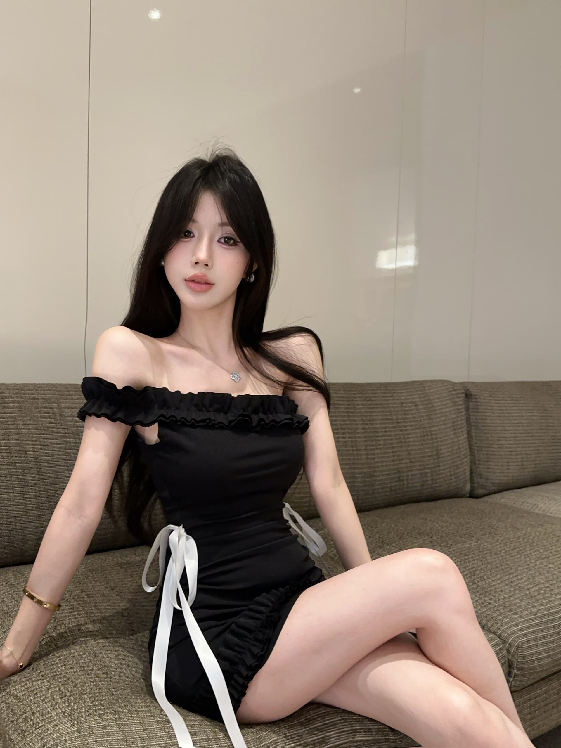 실사 정가 순수한 욕망 바람 나비 매듭 비스듬한 어깨 여성 드레스 프릴 디자인 몸매 가꾸기 타이트 스커트 상세 이미지 6