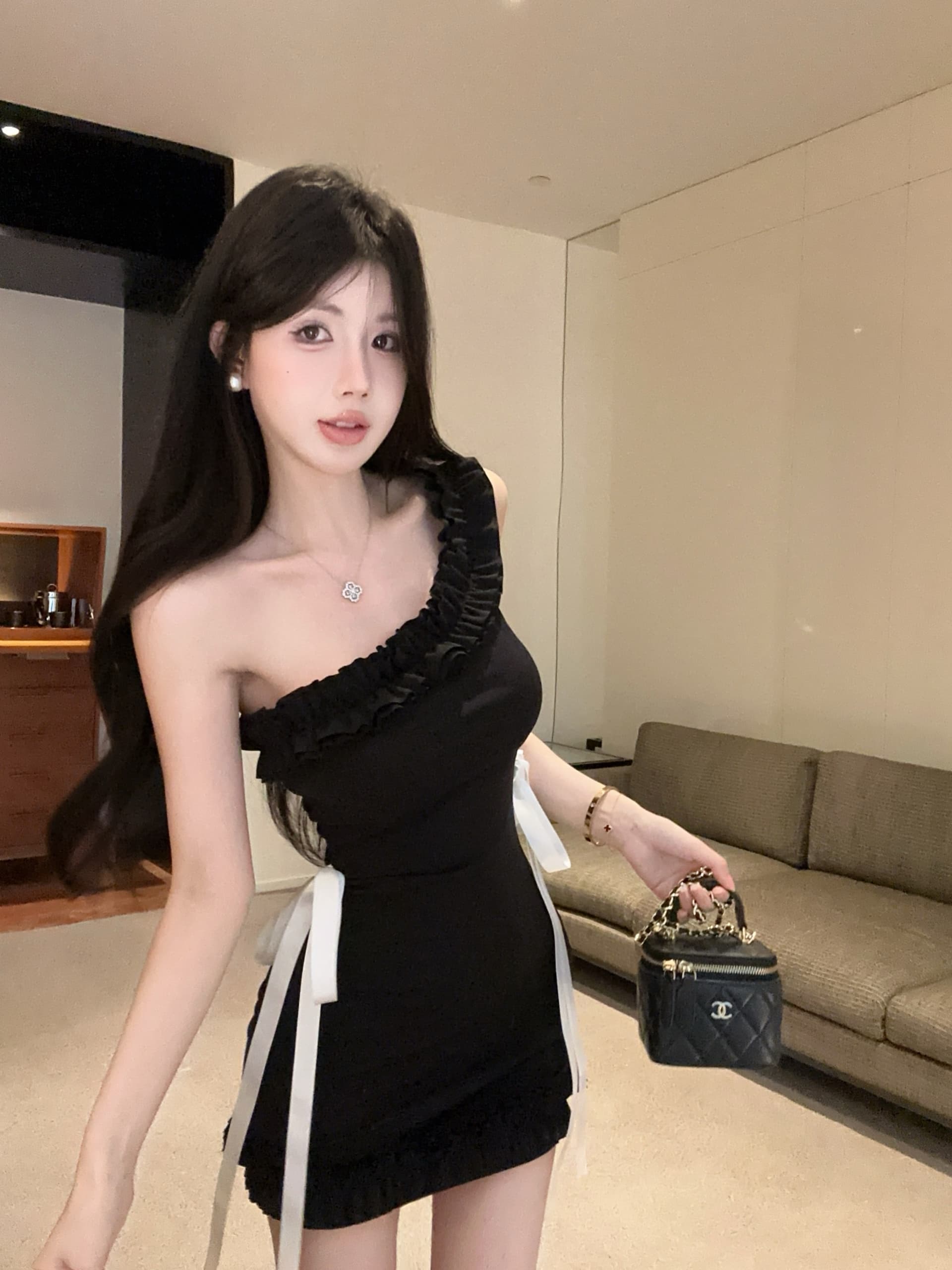 실사 정가 순수한 욕망 바람 나비 매듭 비스듬한 어깨 여성 드레스 프릴 디자인 몸매 가꾸기 타이트 스커트 상세 이미지 7