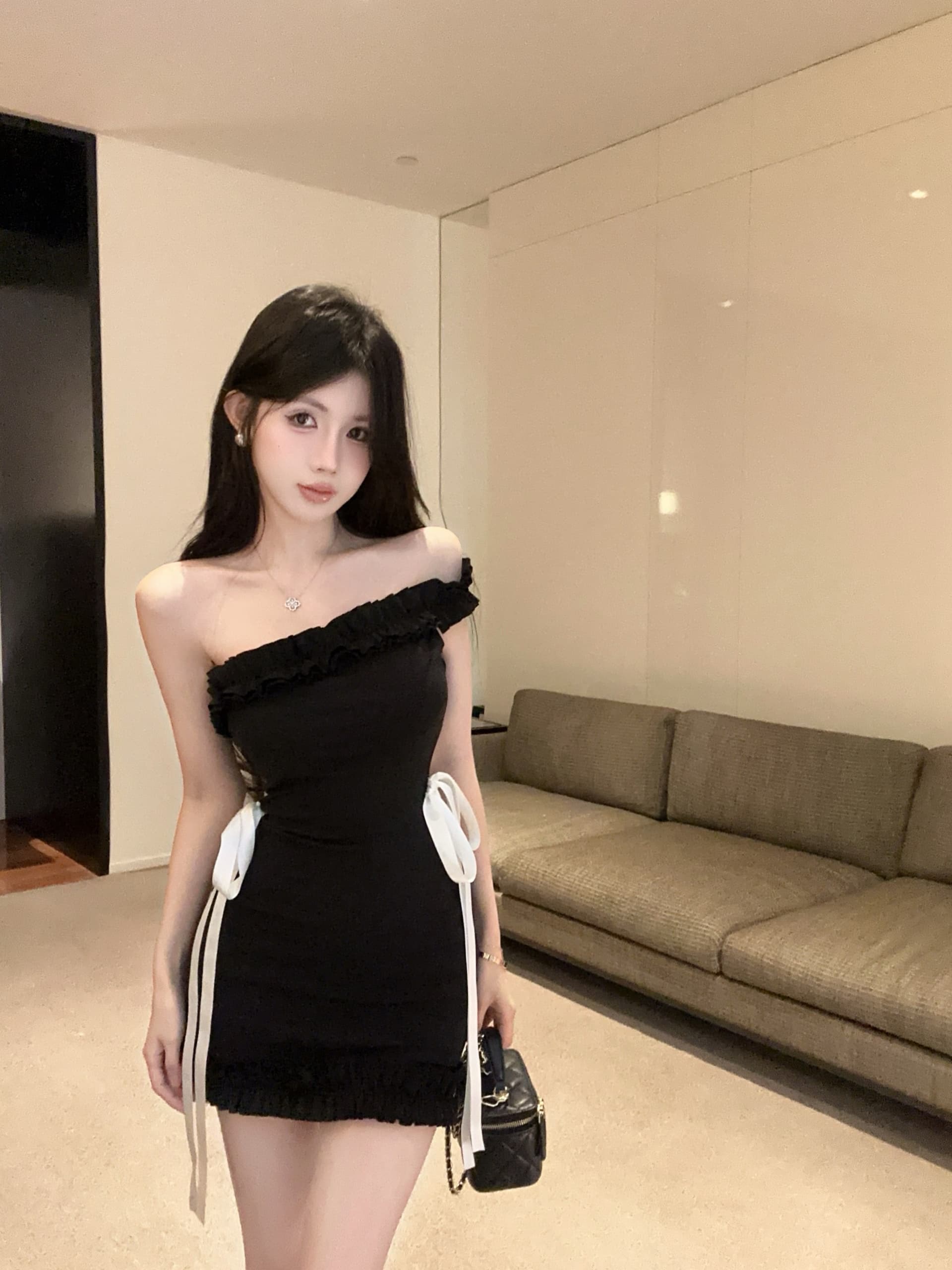 실사 정가 순수한 욕망 바람 나비 매듭 비스듬한 어깨 여성 드레스 프릴 디자인 몸매 가꾸기 타이트 스커트 상세 이미지 9