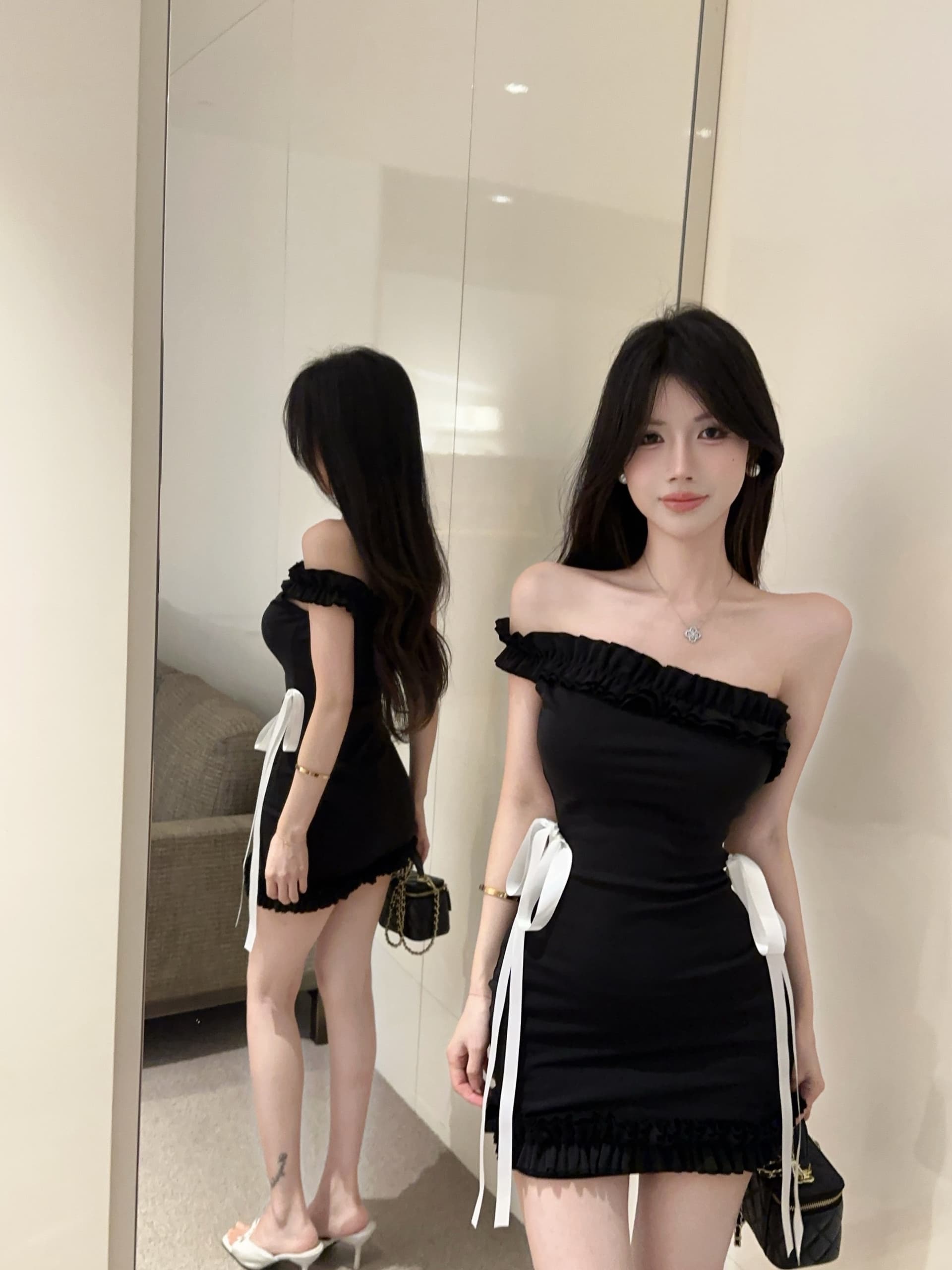 실사 정가 순수한 욕망 바람 나비 매듭 비스듬한 어깨 여성 드레스 프릴 디자인 몸매 가꾸기 타이트 스커트 상세 이미지 11