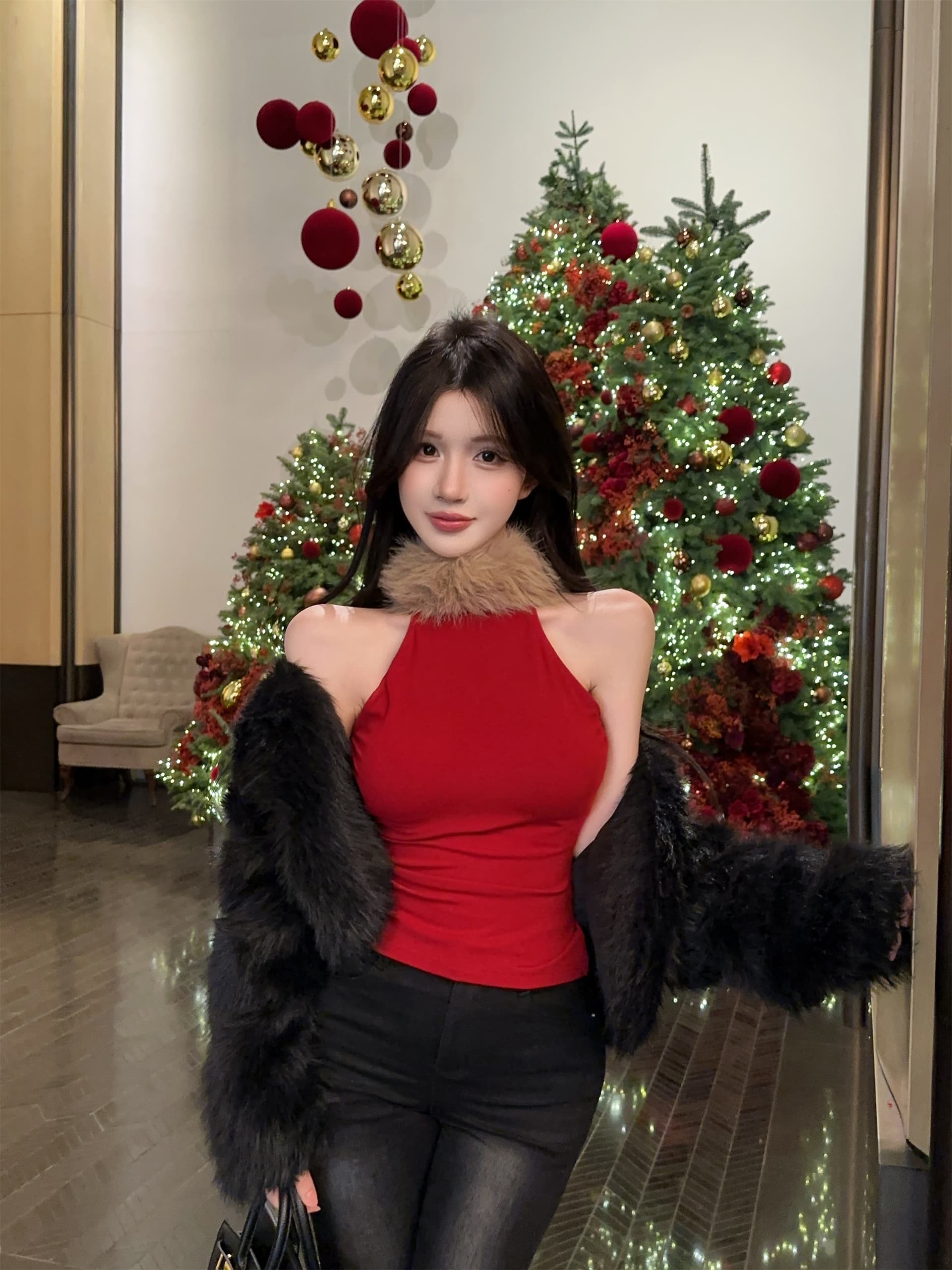실사 정가 핫걸 바람 모피 패치워크 반하이넥 단어 조끼 여성 몸매 가꾸기 다용도 민소매 슬립 이미지 2