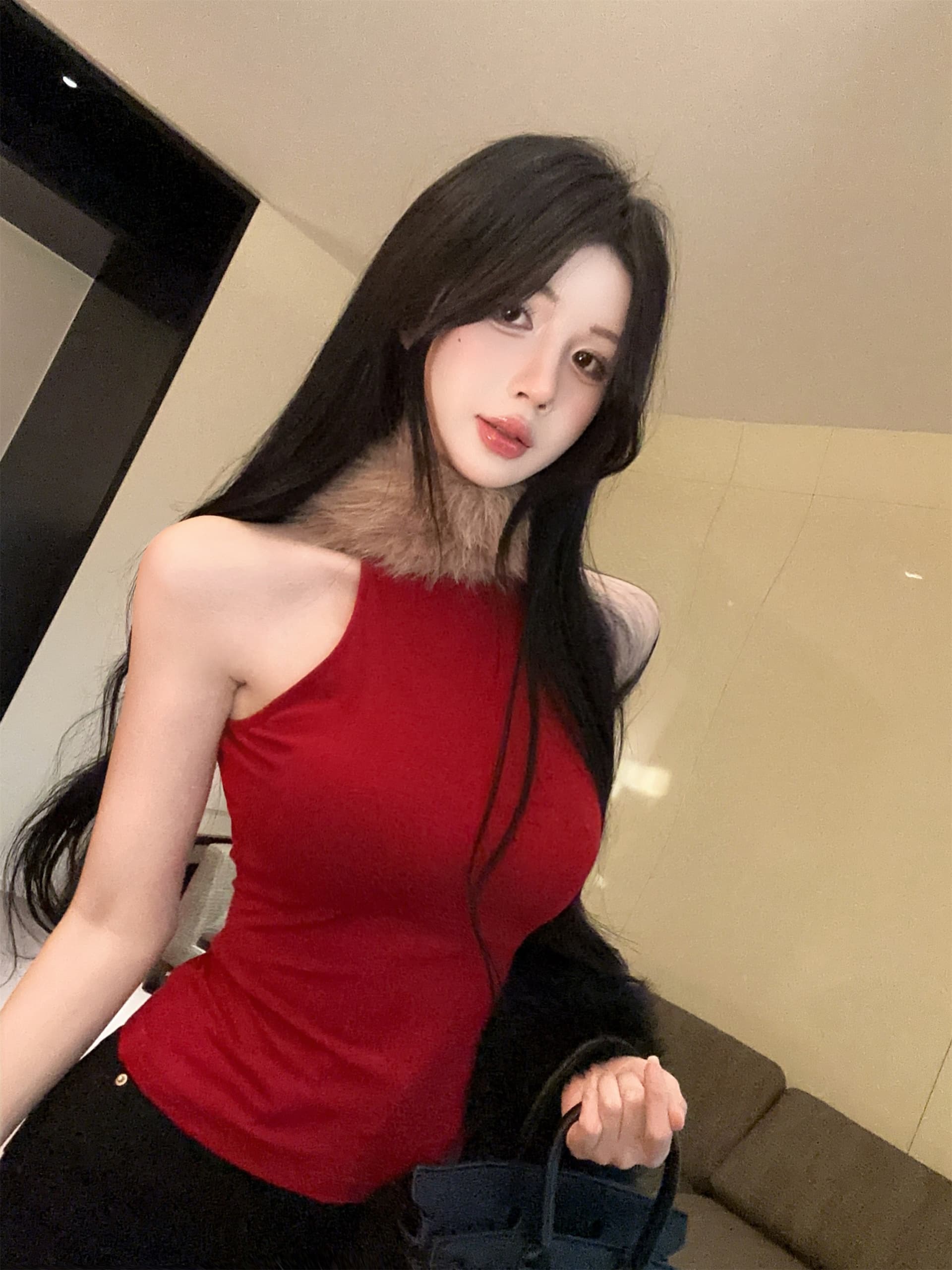 실사 정가 핫걸 바람 모피 패치워크 반하이넥 단어 조끼 여성 몸매 가꾸기 다용도 민소매 슬립 이미지 4