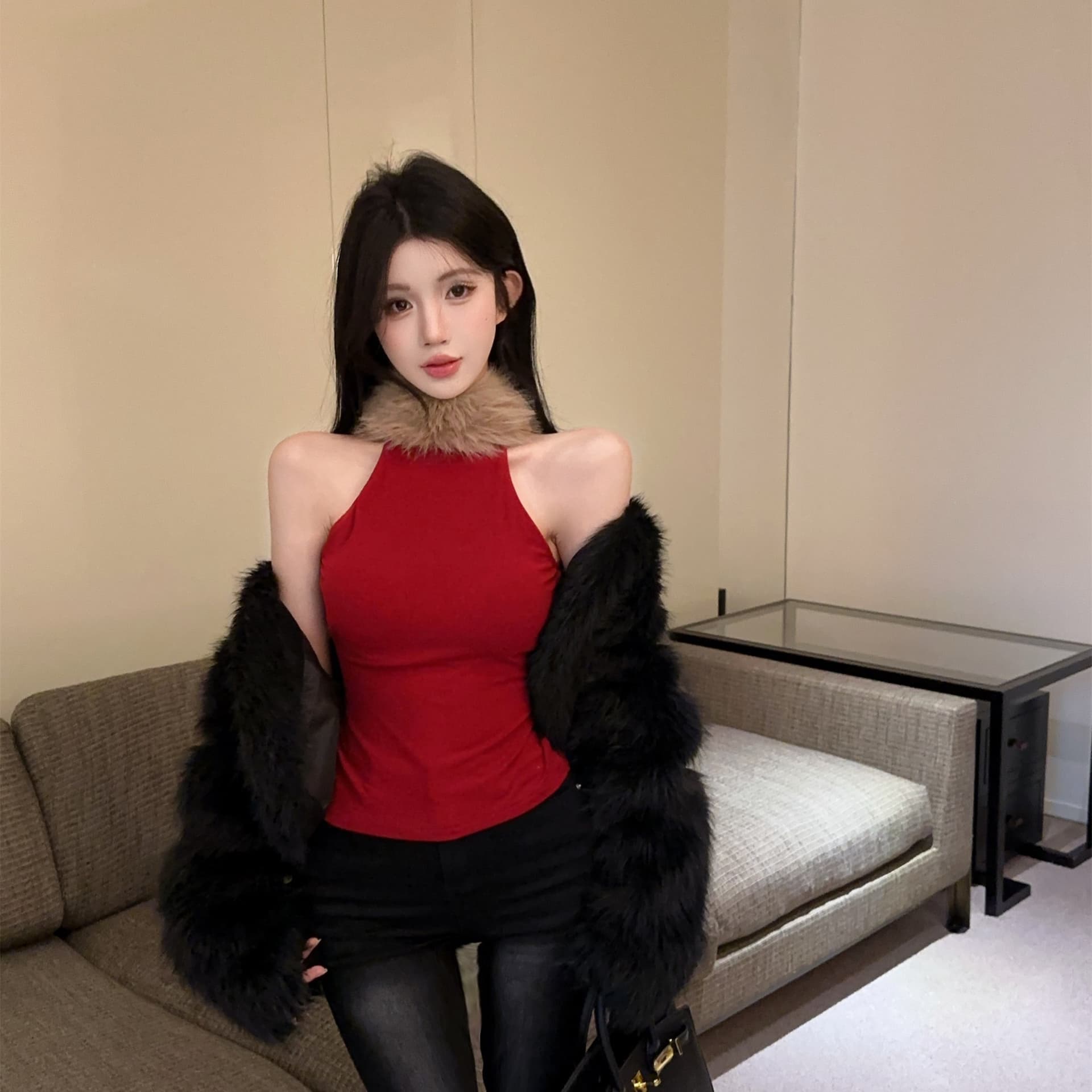 실사 정가 핫걸 바람 모피 패치워크 반하이넥 단어 조끼 여성 몸매 가꾸기 다용도 민소매 슬립 이미지 5