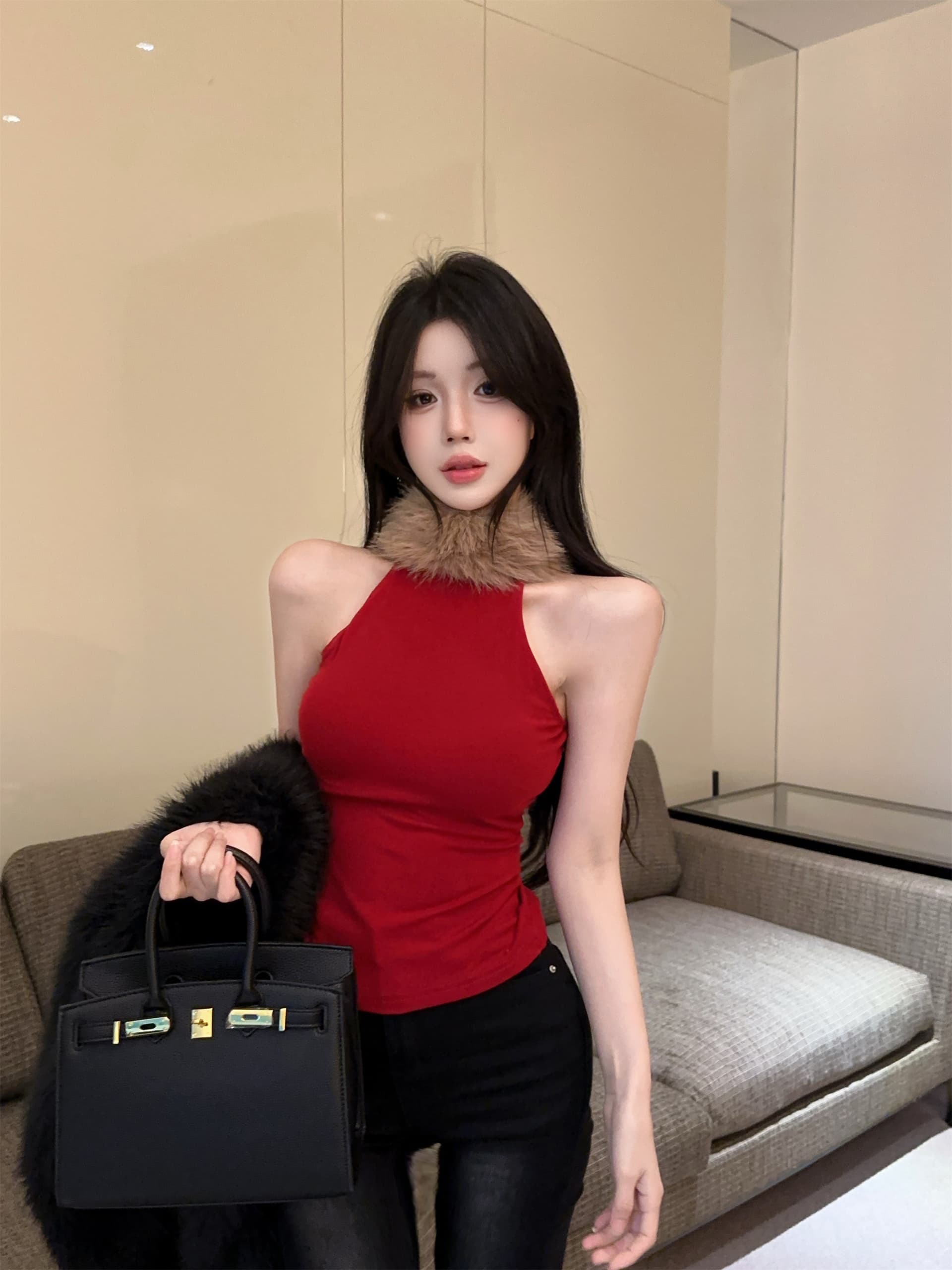 실사 정가 핫걸 바람 모피 패치워크 반하이넥 단어 조끼 여성 몸매 가꾸기 다용도 민소매 슬립 상세 이미지 1