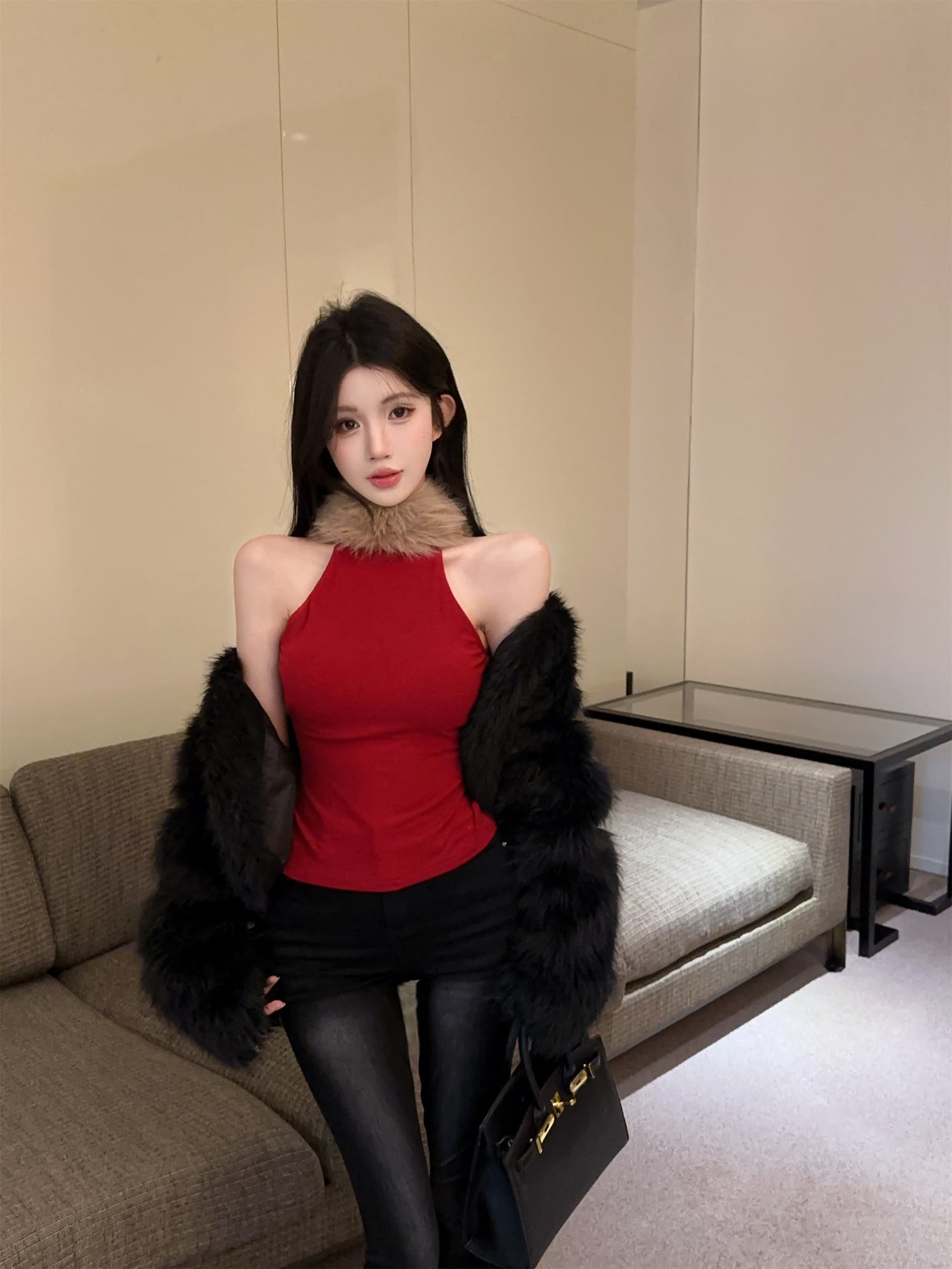 실사 정가 핫걸 바람 모피 패치워크 반하이넥 단어 조끼 여성 몸매 가꾸기 다용도 민소매 슬립 상세 이미지 5