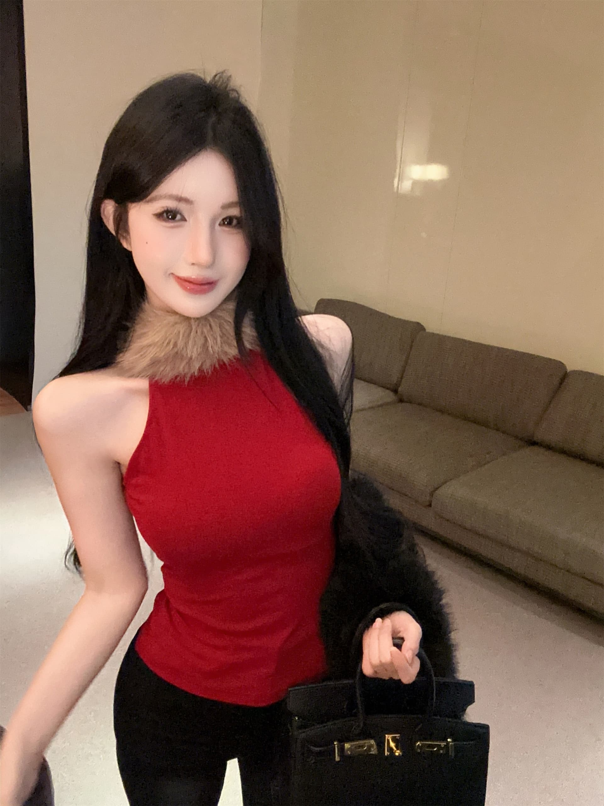 실사 정가 핫걸 바람 모피 패치워크 반하이넥 단어 조끼 여성 몸매 가꾸기 다용도 민소매 슬립 상세 이미지 8