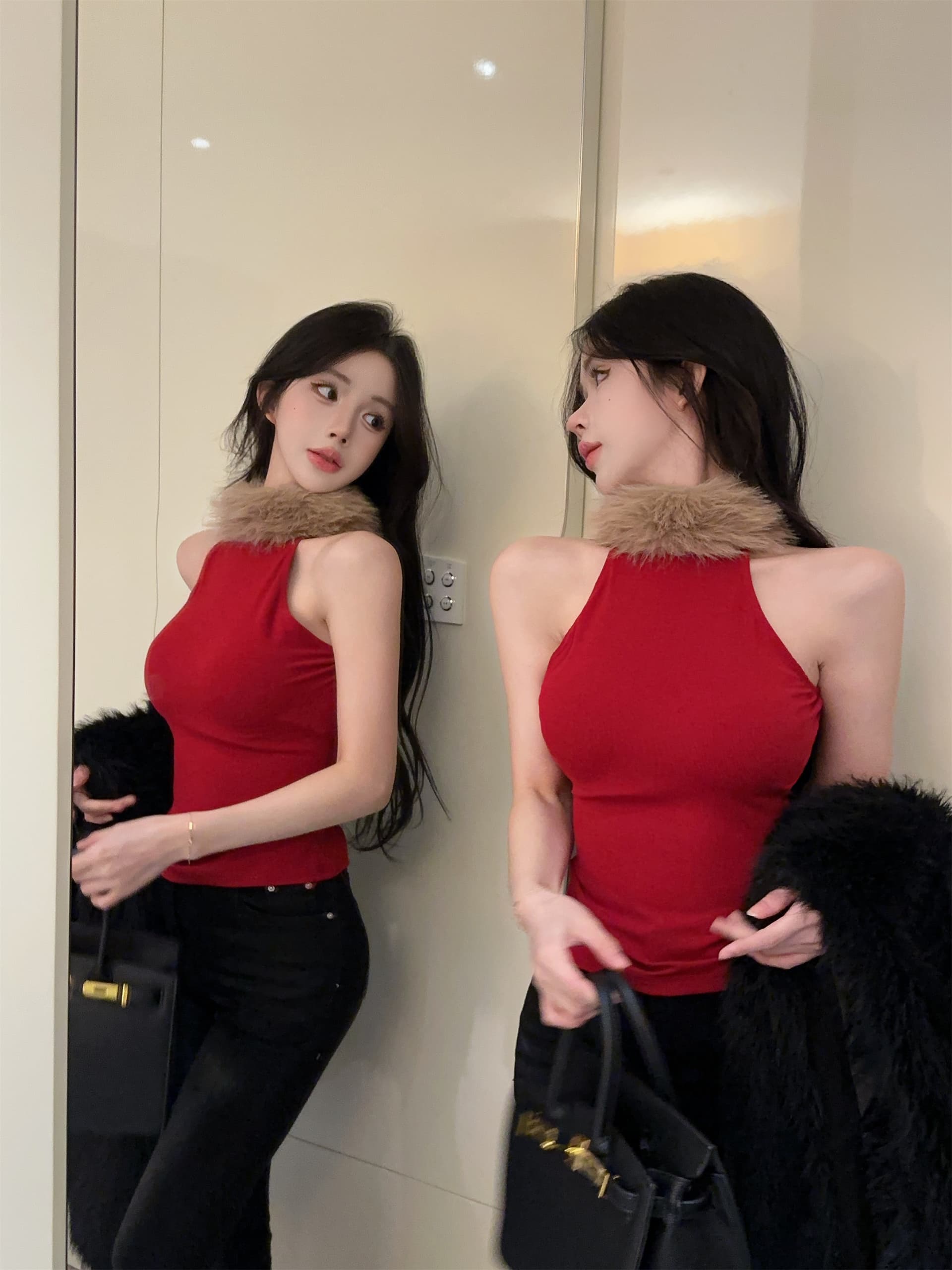 실사 정가 핫걸 바람 모피 패치워크 반하이넥 단어 조끼 여성 몸매 가꾸기 다용도 민소매 슬립 상세 이미지 9