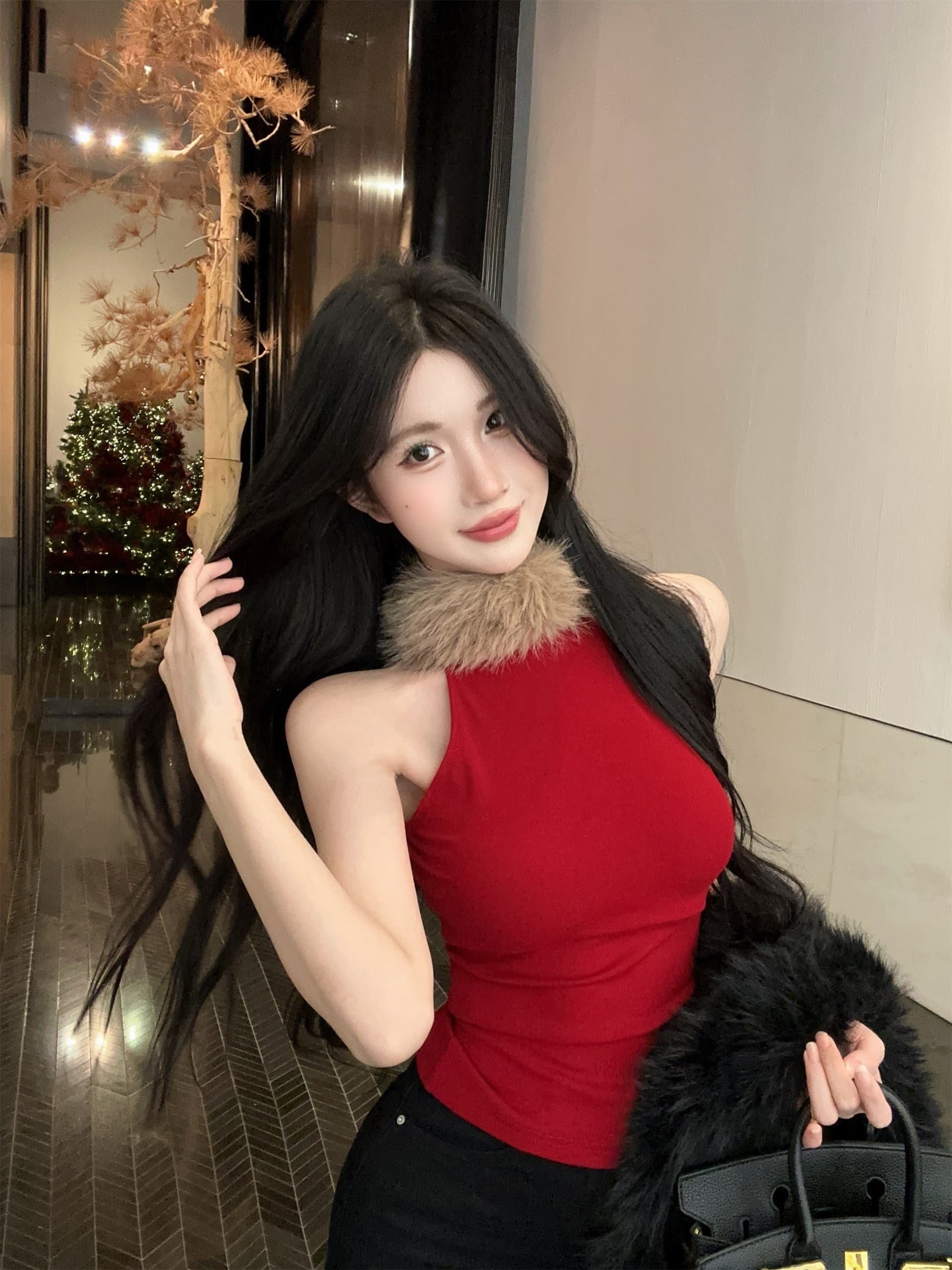 실사 정가 핫걸 바람 모피 패치워크 반하이넥 단어 조끼 여성 몸매 가꾸기 다용도 민소매 슬립 상세 이미지 10
