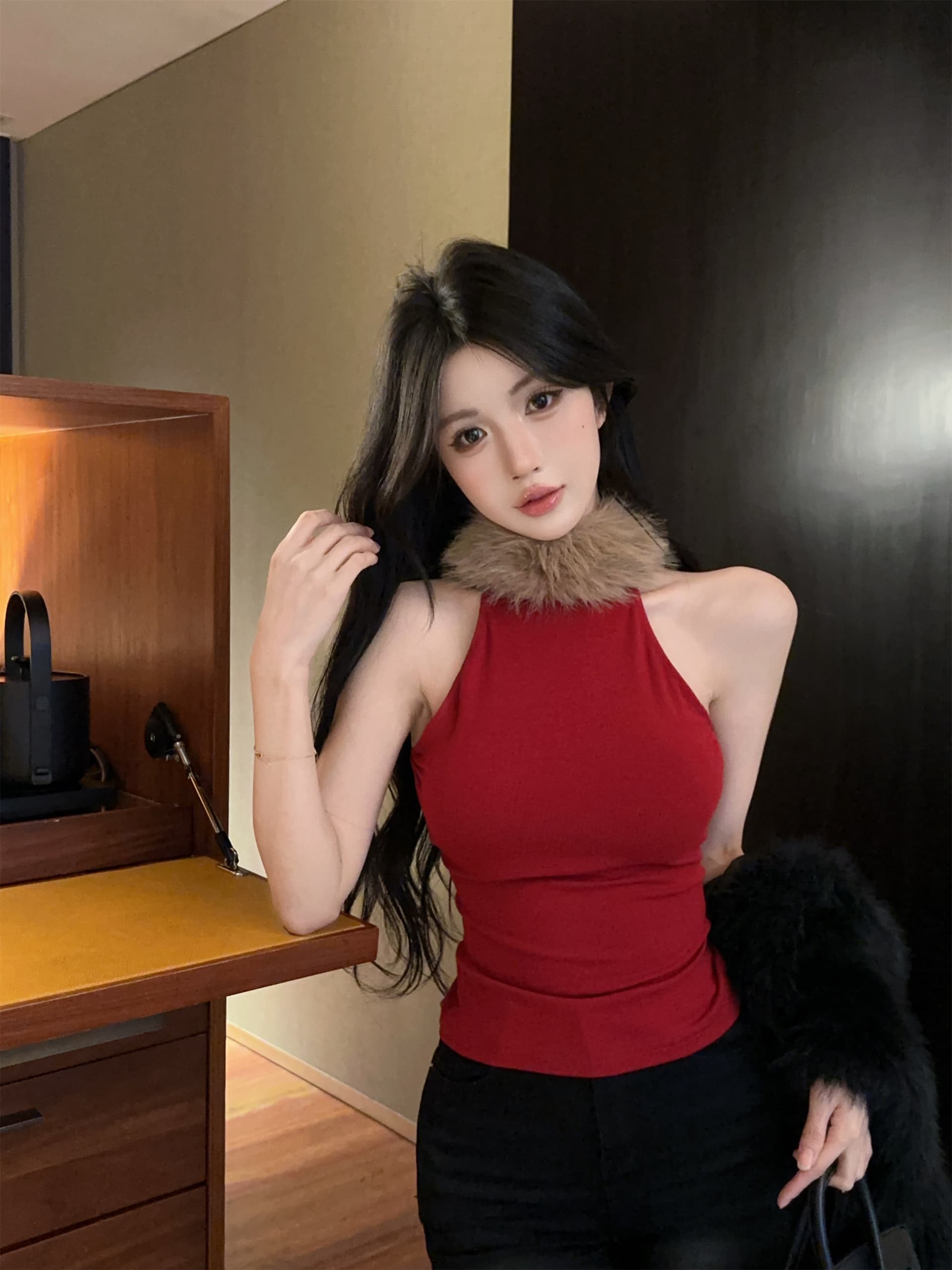 실사 정가 핫걸 바람 모피 패치워크 반하이넥 단어 조끼 여성 몸매 가꾸기 다용도 민소매 슬립 상세 이미지 11