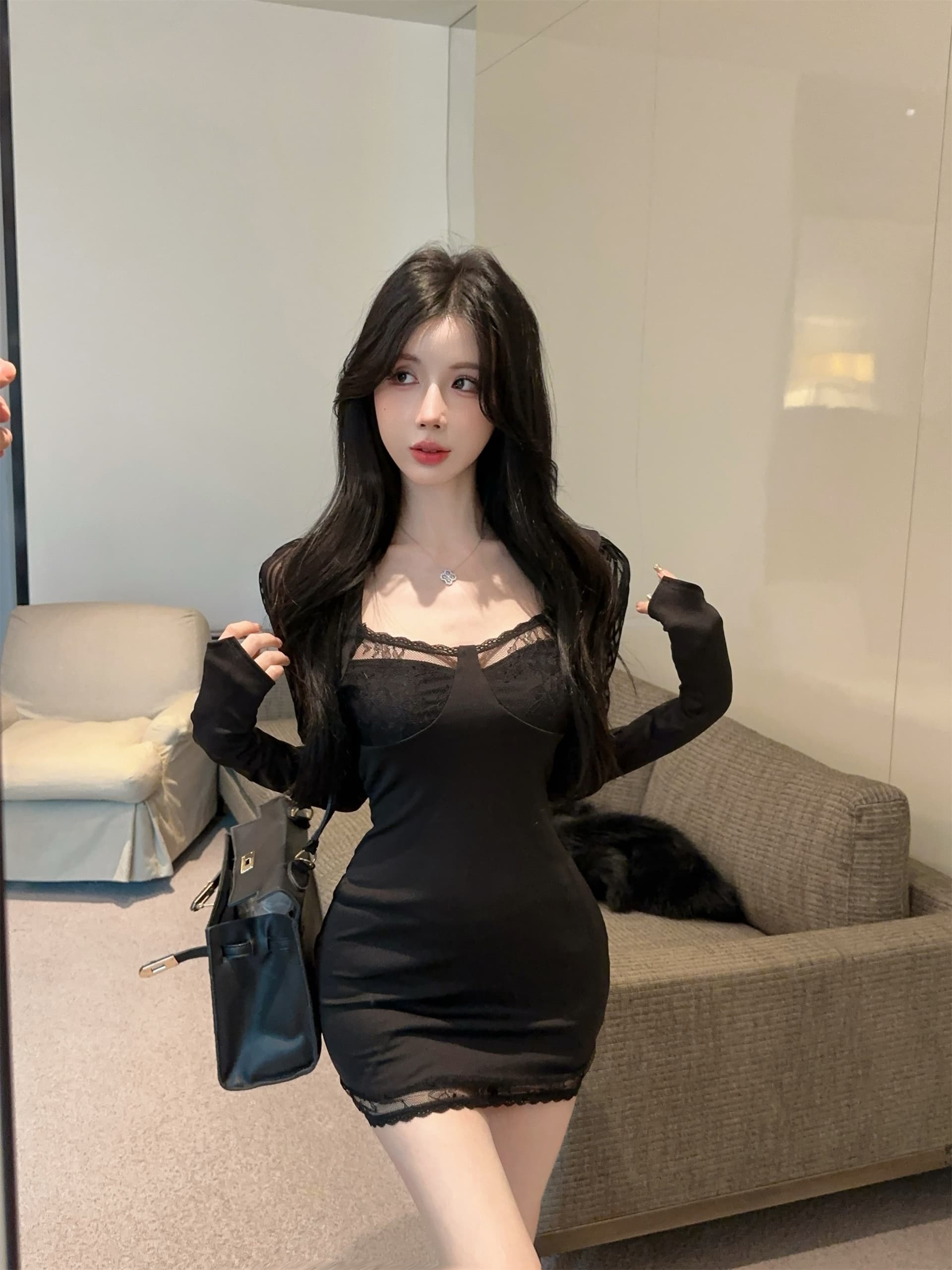 실사 정가 망사 패치워크 몸매 가꾸기 슬림해 보이는 거품 소매 여성 드레스 트렌디 이미지 2