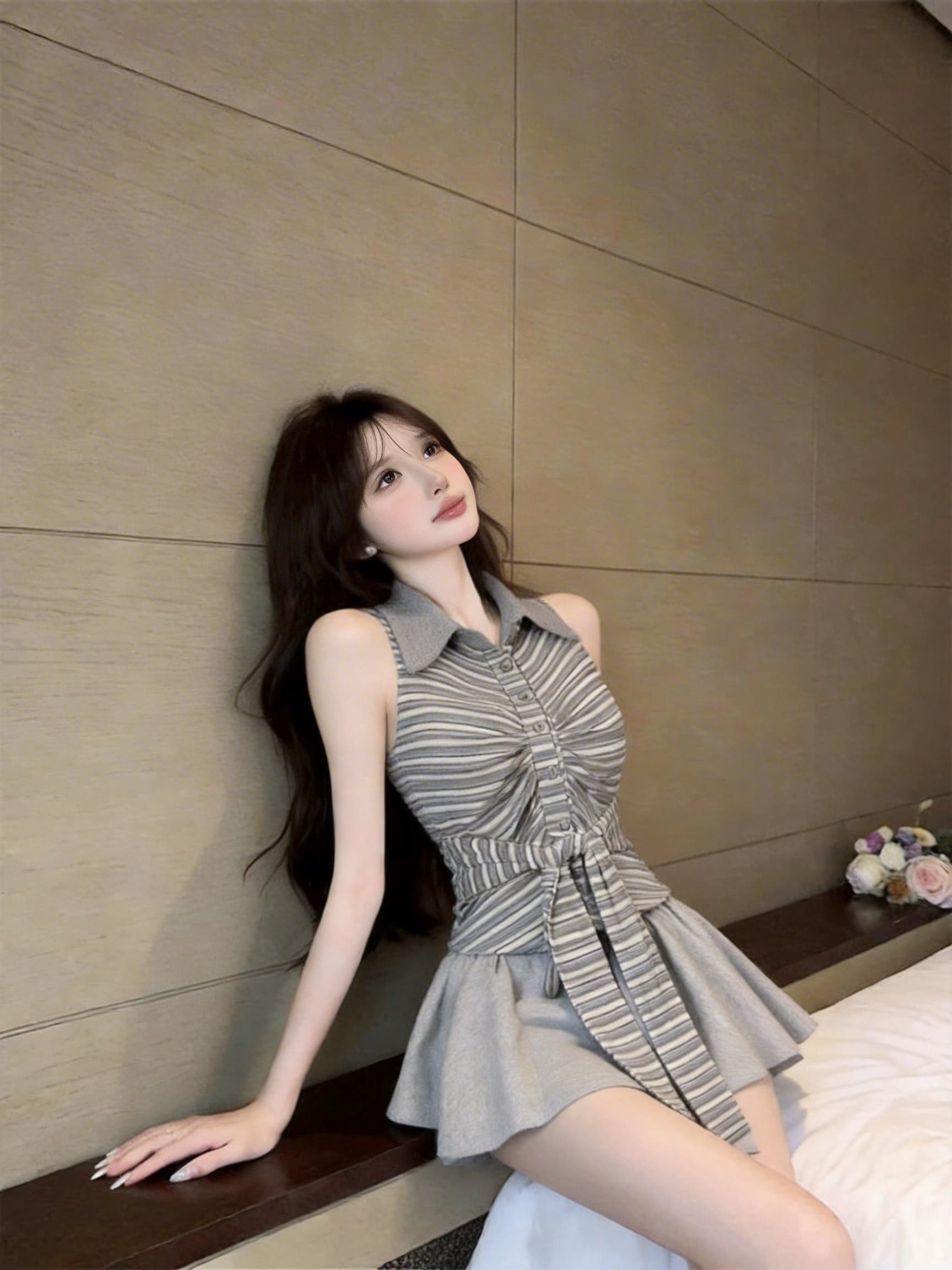실사 정가 2026 새로운 패션 핫걸 행침 목 스트라이프 POLO 칼라 디자인 센스 몸매 가꾸기 민소매 셔츠 맨위 상세 이미지 2