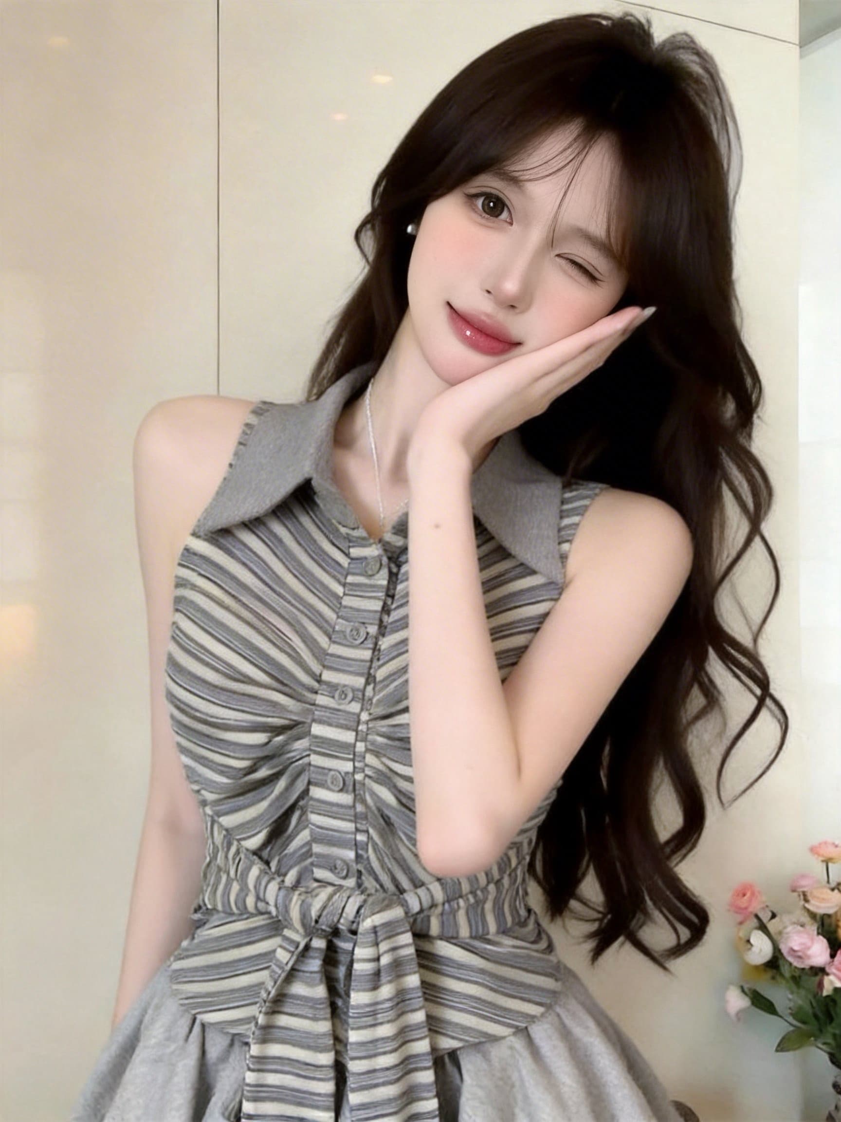 실사 정가 2026 새로운 패션 핫걸 행침 목 스트라이프 POLO 칼라 디자인 센스 몸매 가꾸기 민소매 셔츠 맨위 상세 이미지 7