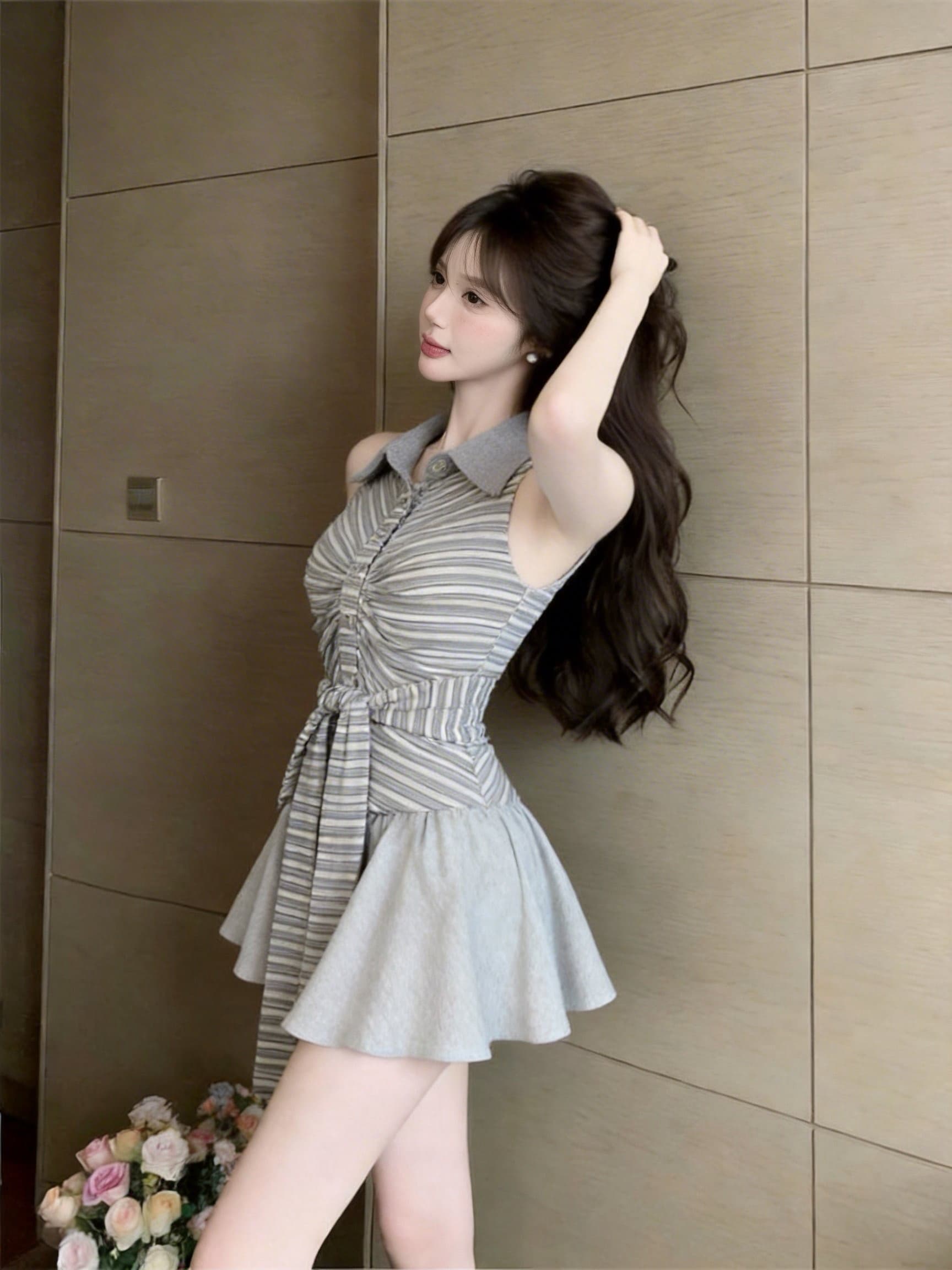 실사 정가 2026 새로운 패션 핫걸 행침 목 스트라이프 POLO 칼라 디자인 센스 몸매 가꾸기 민소매 셔츠 맨위 상세 이미지 10