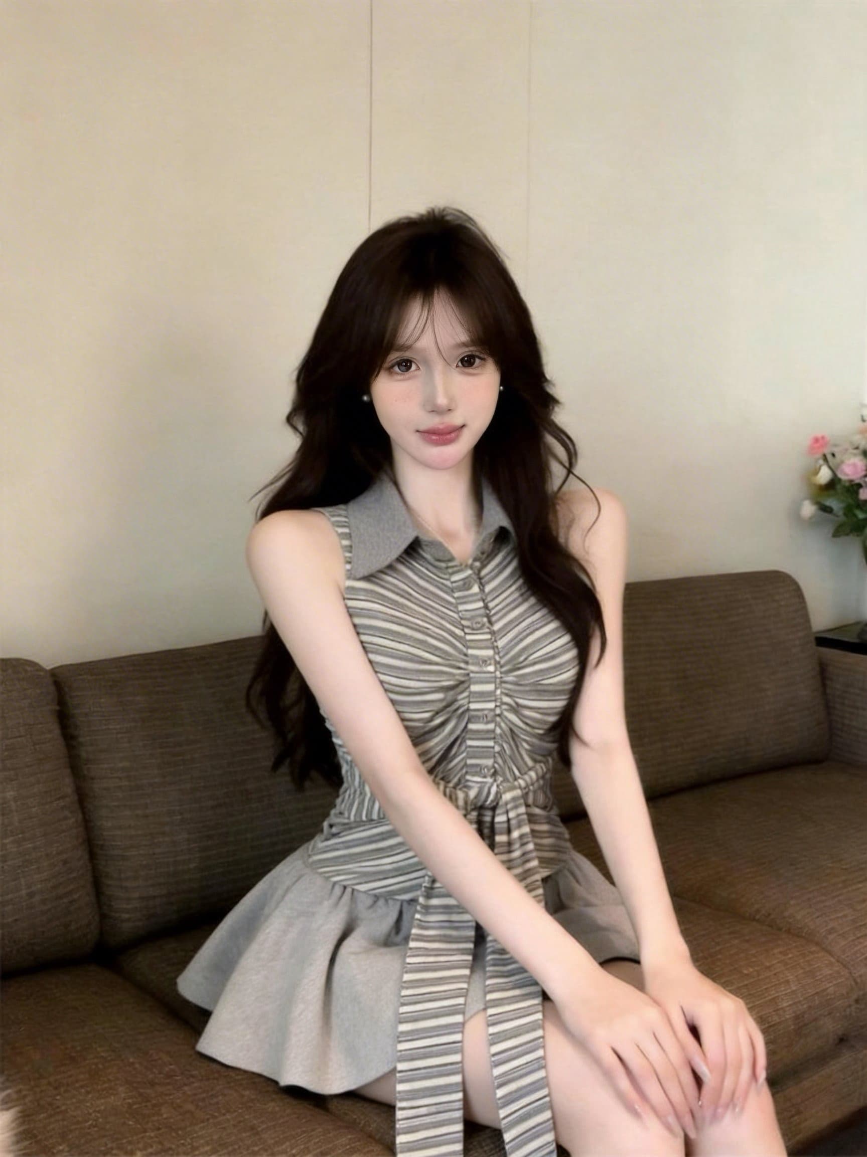실사 정가 2026 새로운 패션 핫걸 행침 목 스트라이프 POLO 칼라 디자인 센스 몸매 가꾸기 민소매 셔츠 맨위 상세 이미지 11