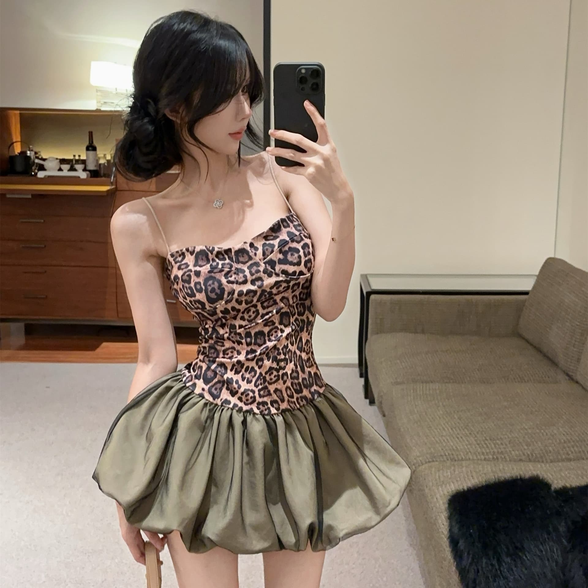 실사 정가 섹시함 핫걸 레오파드 무늬 패치워크 슬립 여성 드레스 몸매 가꾸기 하이웨이스트 퍼프 스커트 미니 스커트 이미지 4