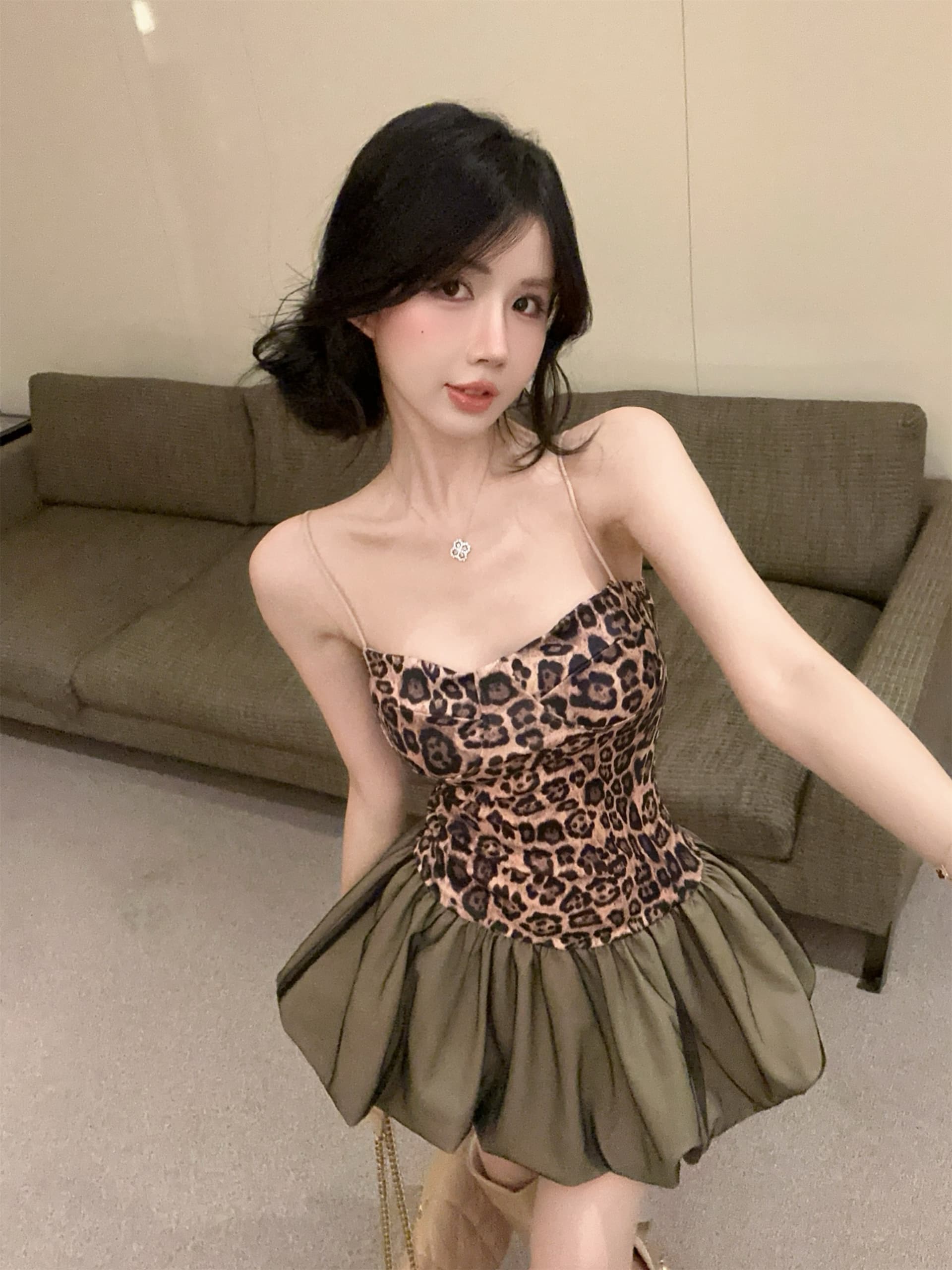 실사 정가 섹시함 핫걸 레오파드 무늬 패치워크 슬립 여성 드레스 몸매 가꾸기 하이웨이스트 퍼프 스커트 미니 스커트 상세 이미지 7