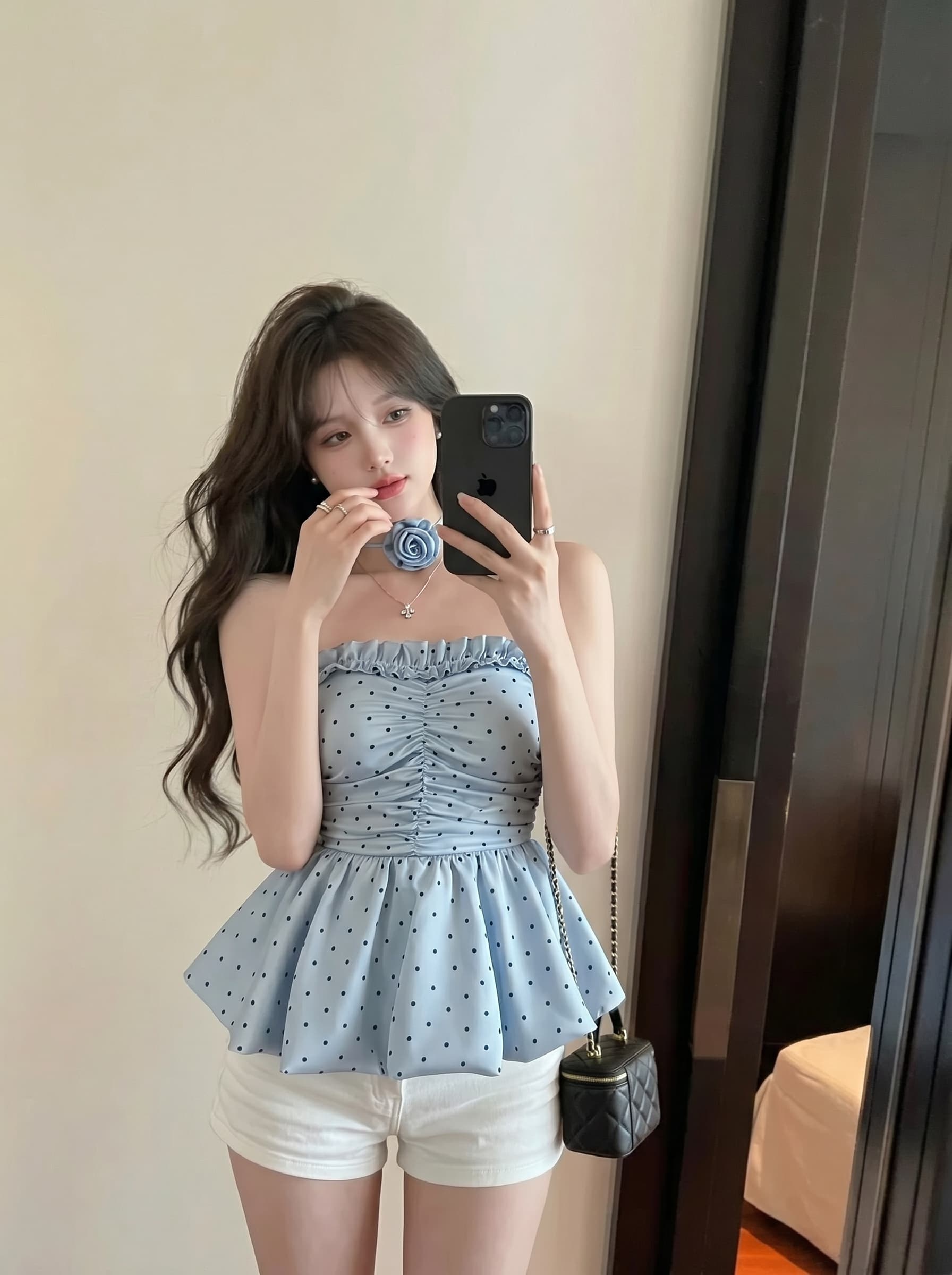 실사 정가 순수한 욕망 소녀 센스 도트 무늬 프릴 튜브탑 조끼 플라워 벨트 장식품 맨위 상세 이미지 3