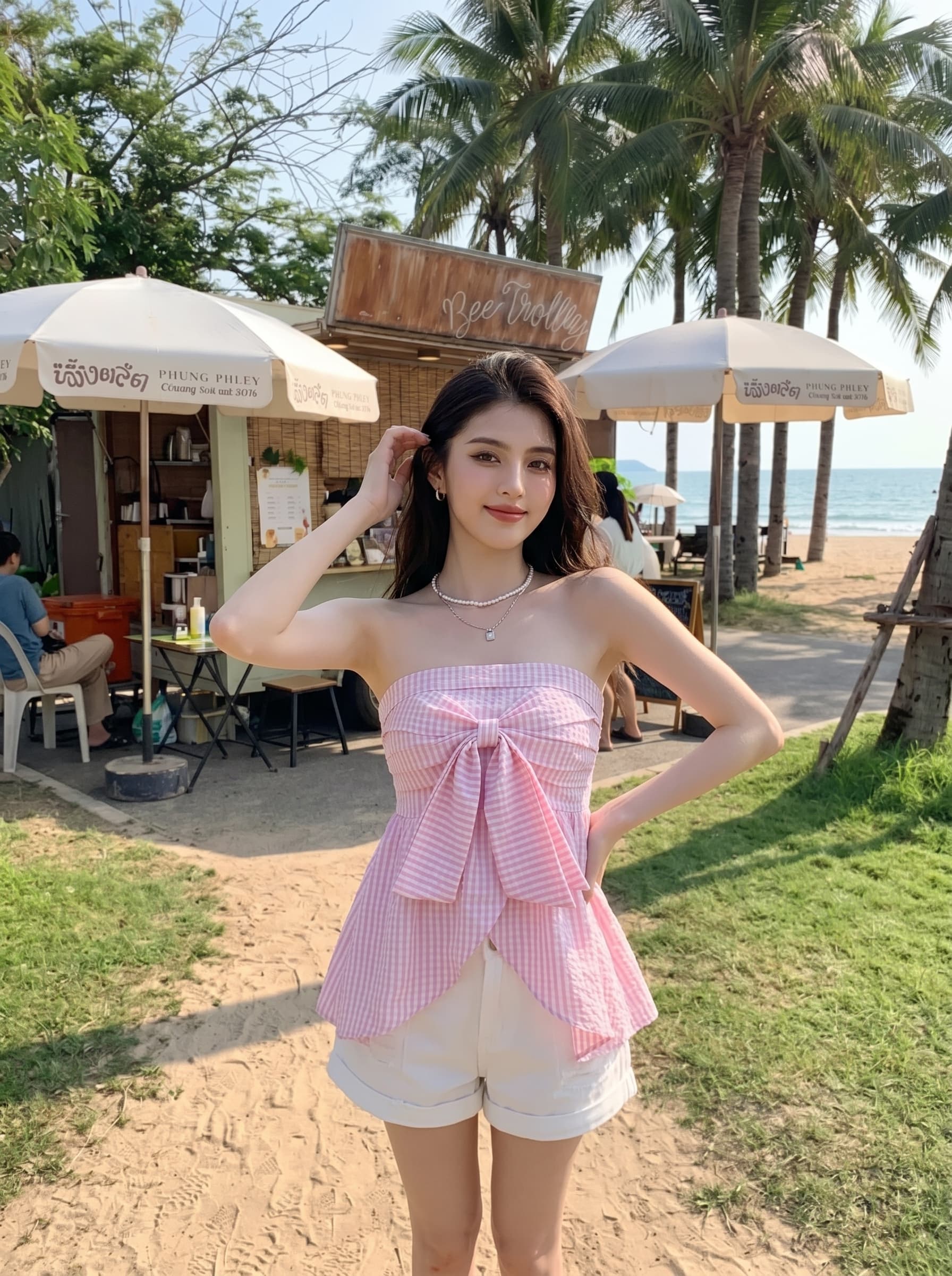 실사 정가 배색 체크무늬 튜브탑 나비 넥타이 순수한 욕망 허리 수축 작은 대중 몸매 가꾸기 벨트 가슴 패드 튜브탑 맨위 상세 이미지 2