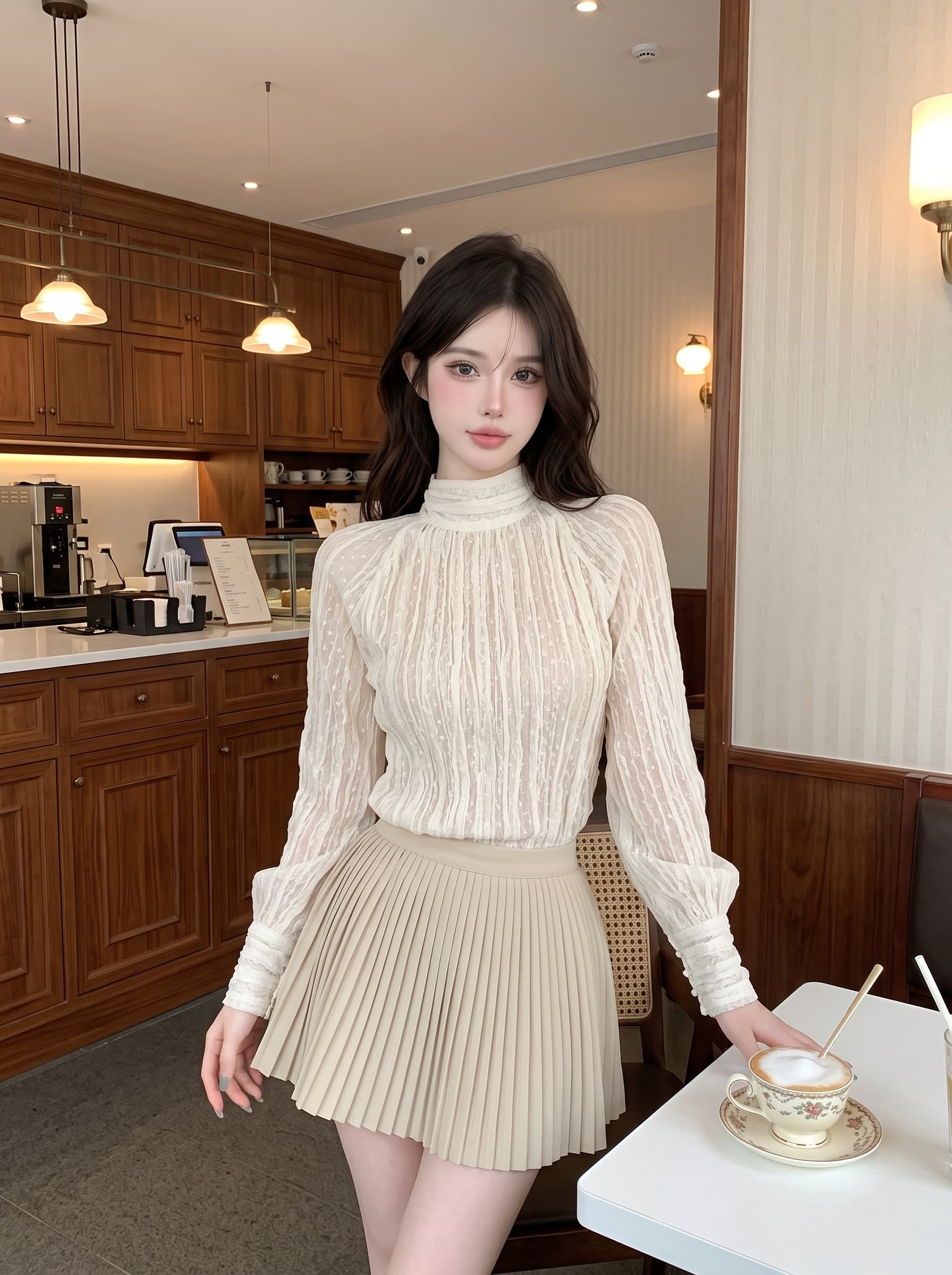 실사 정가 프랑스식 압력 주름 도트 무늬 리본 레이스 자카드 여성 셔츠 상세 이미지 1