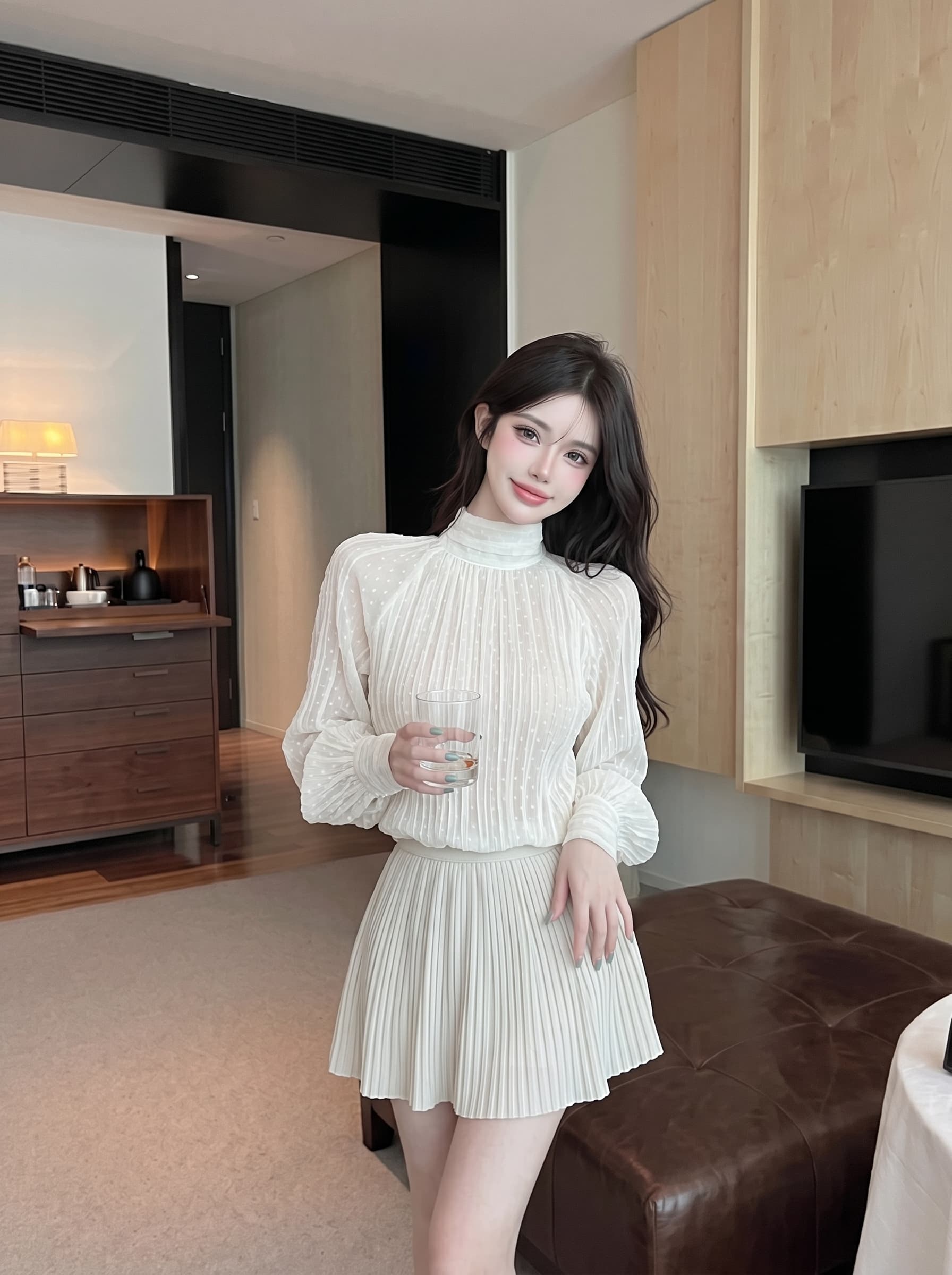 실사 정가 프랑스식 압력 주름 도트 무늬 리본 레이스 자카드 여성 셔츠 상세 이미지 5