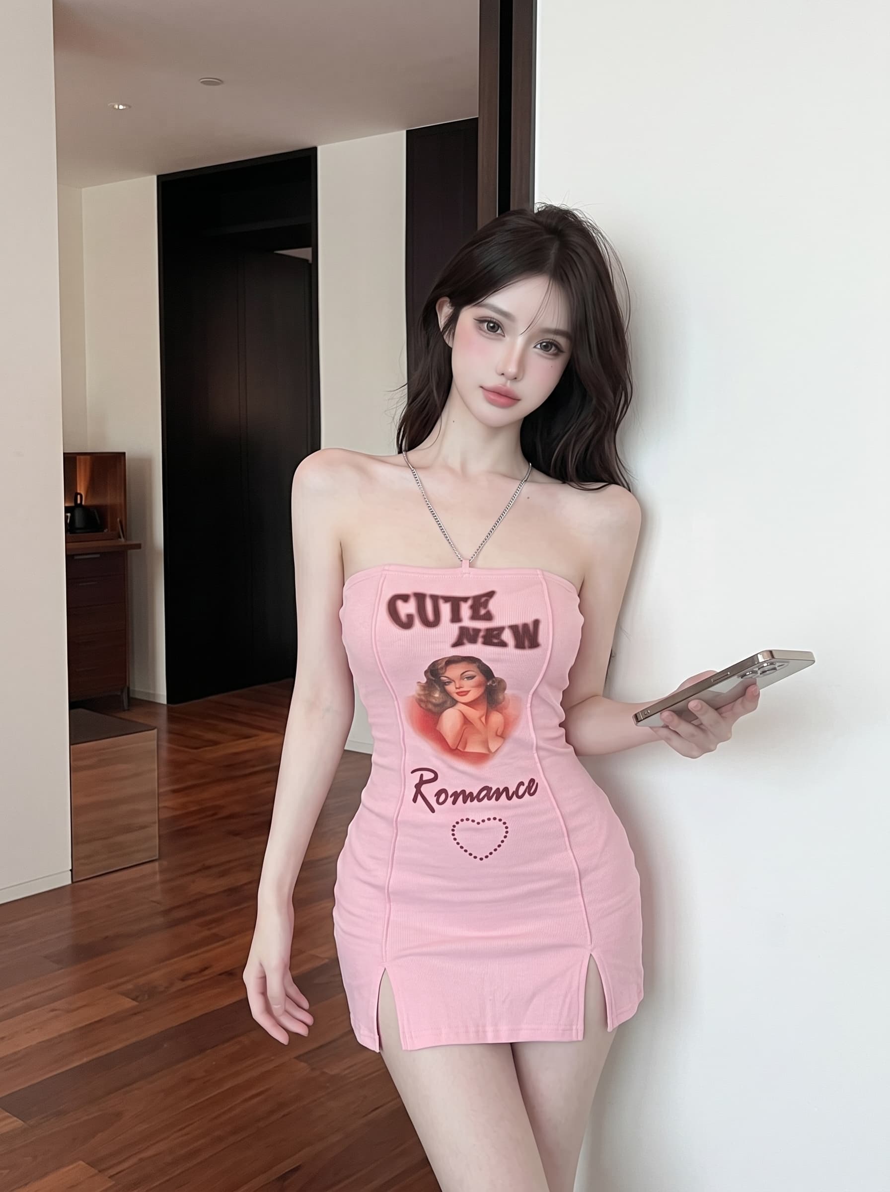 실사 정가 순수한 욕망 달콤한 핑크색 ins 재미있는 프린트 몸매 가꾸기 슬립 드레스