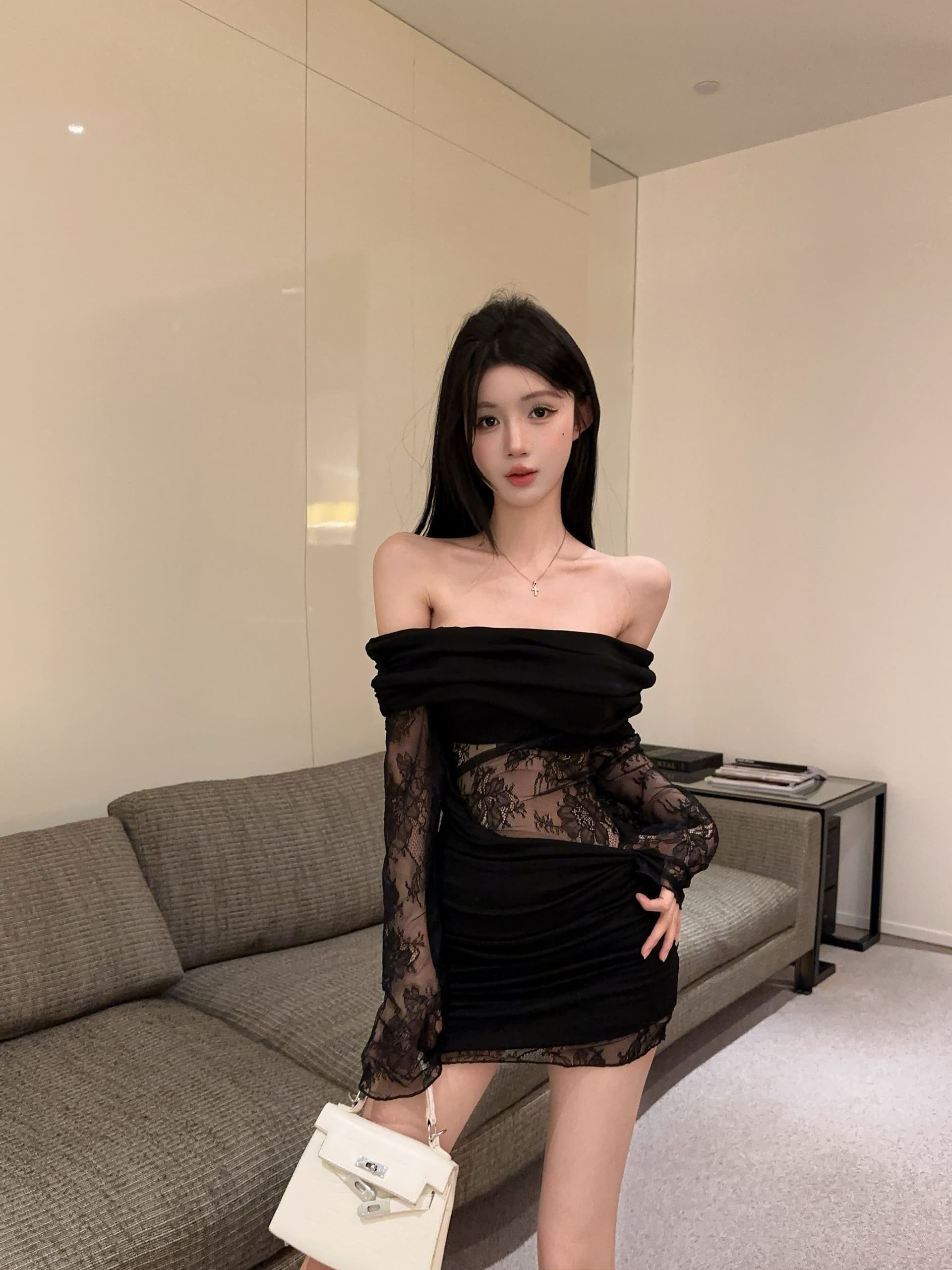 실사 정가 순수한 욕망 다시 섹시함 레이스 조각 슬림해 보이는 오프숄더 긴팔 드레스 상세 이미지 2