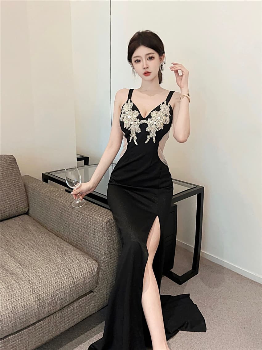 실사 명문 여성 우아함 연회 예복 롱 스커트 깊은 V 넥 섹시함 시스루 망사 이슬 허리 슬림해 보이는 나이트 클럽 드레스 상세 이미지 7