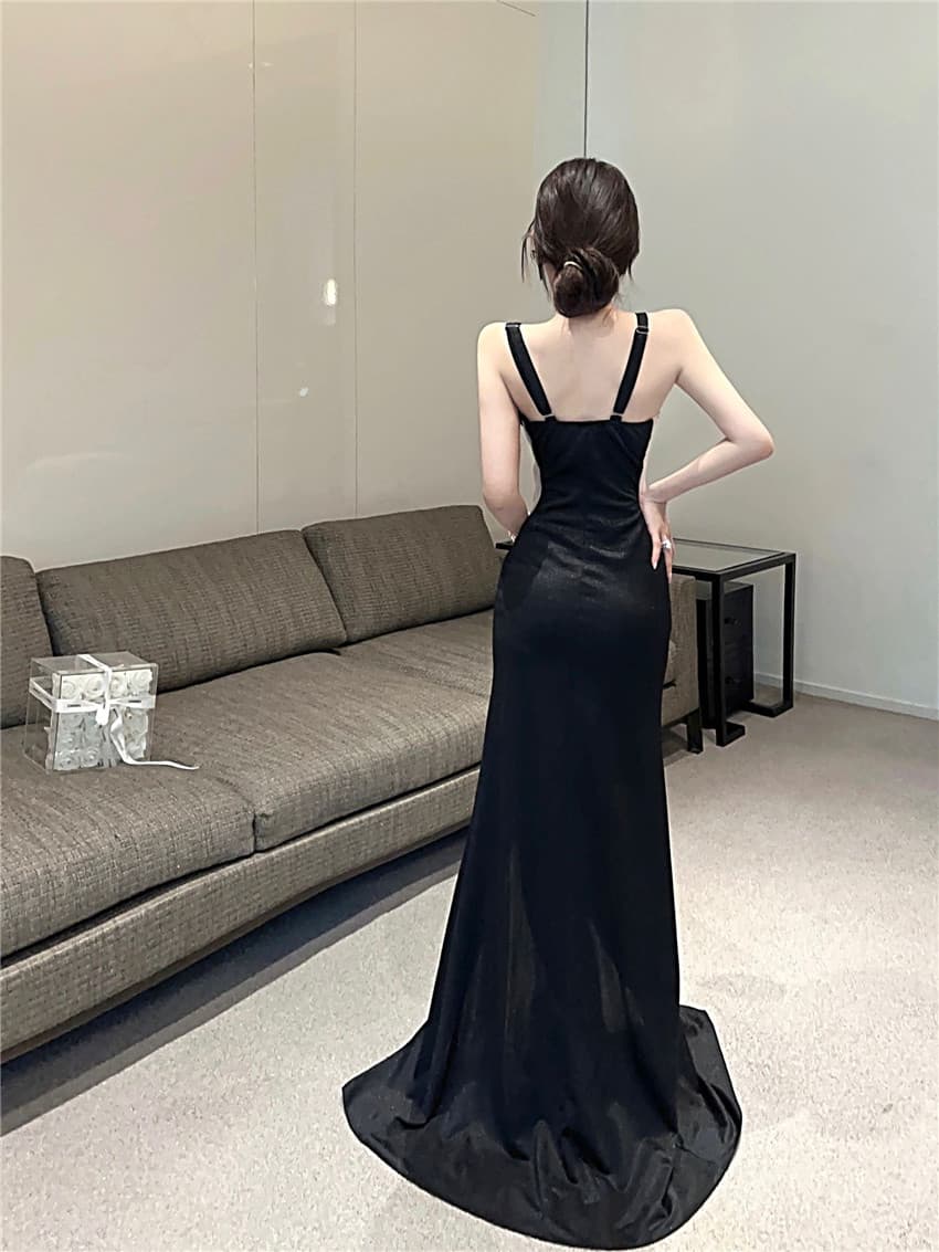 실사 명문 여성 우아함 연회 예복 롱 스커트 깊은 V 넥 섹시함 시스루 망사 이슬 허리 슬림해 보이는 나이트 클럽 드레스 상세 이미지 10
