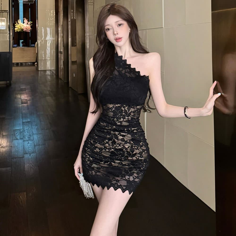 실사 검정색 비스듬한 어깨 고급 레이스 레이스 드레스 몸매 가꾸기 높은 추위 품격 허리 수축 순수한 욕망 타이트 스커트 미니 스커트 상세 이미지 7