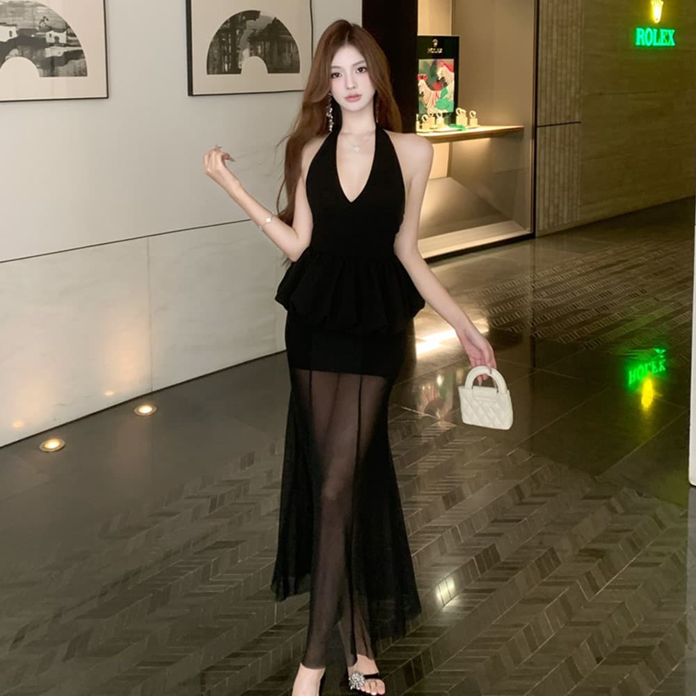 실사 2026 새로운 프랑스식 V넥 프릴 표지 허리 섹시함 행침 목 여성 드레스 망사 패치워크 롱 스커트 여성 이미지 4