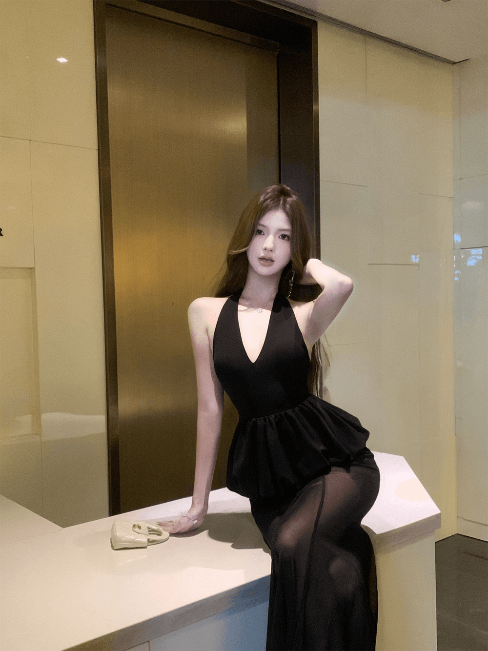 실사 2026 새로운 프랑스식 V넥 프릴 표지 허리 섹시함 행침 목 여성 드레스 망사 패치워크 롱 스커트 여성 상세 이미지 8
